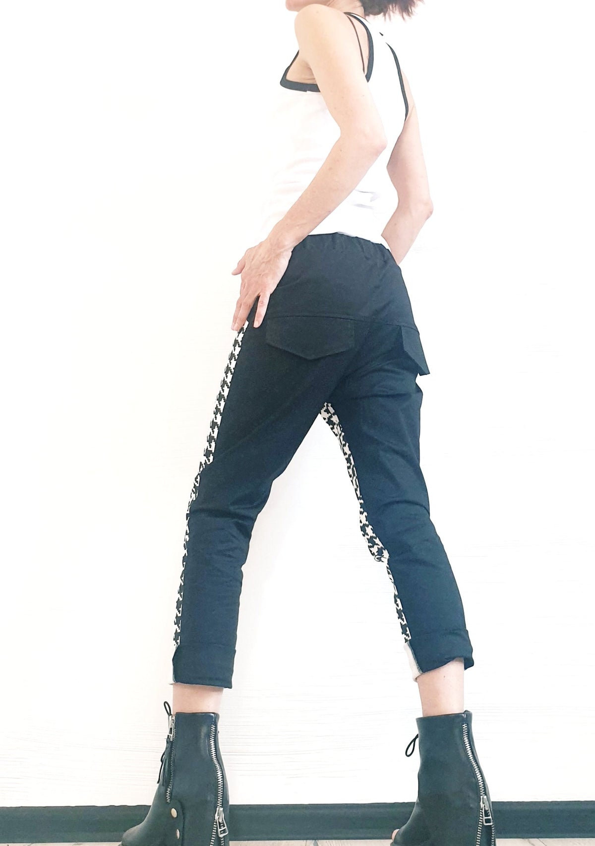 Houndstooth Panel Pants, Color Block, Slim Tapered Leg, Cotton Trousers
