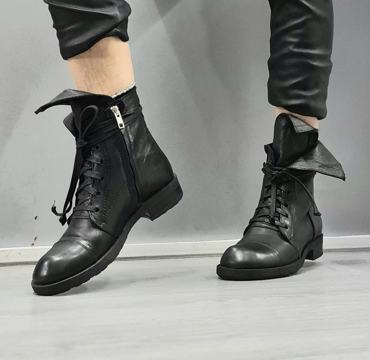 Black Asymmetric Leather Boots, Gothic Steampunk Ankle Shoes, Handmade Footwear