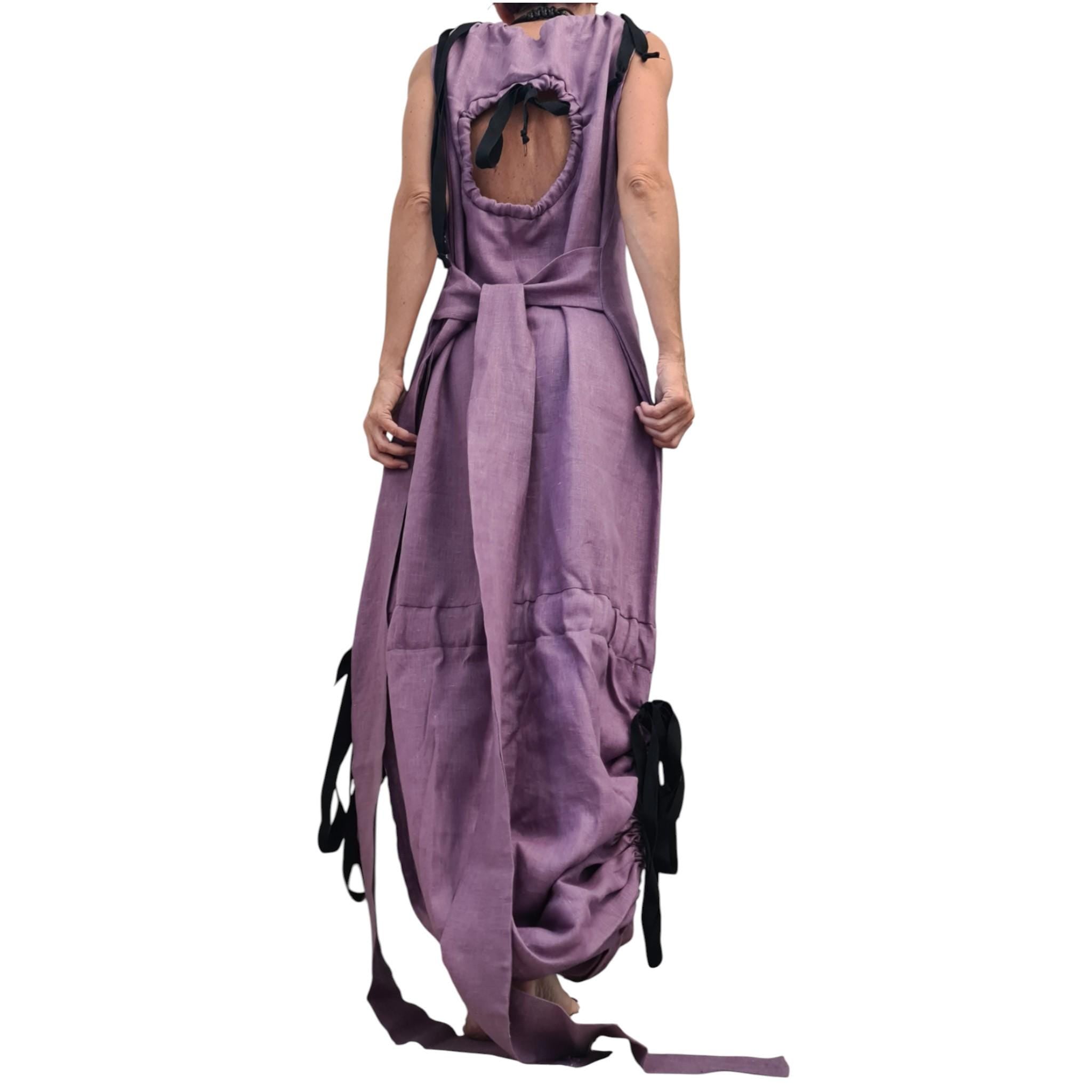 Lavender Linen Maxi Dress, Open Back, Asymmetric One Shoulder Design, Sleeveless Long Dress