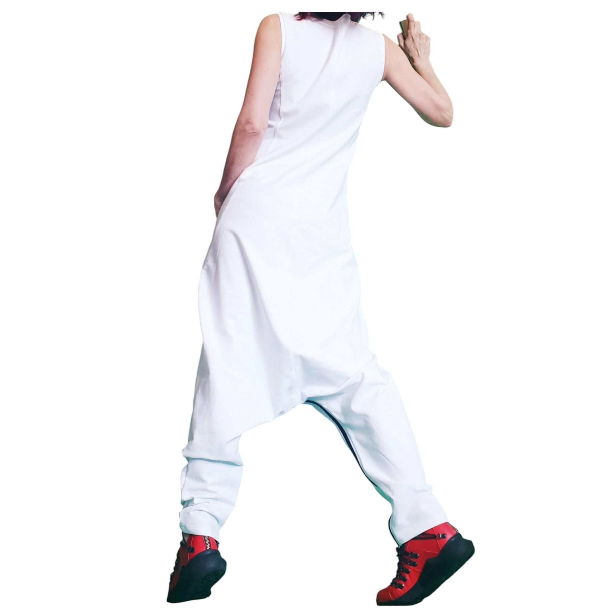 White Convertible Jumpsuit Dress, Loose Fit Overall, Plus Size Clothing, Women Outfit