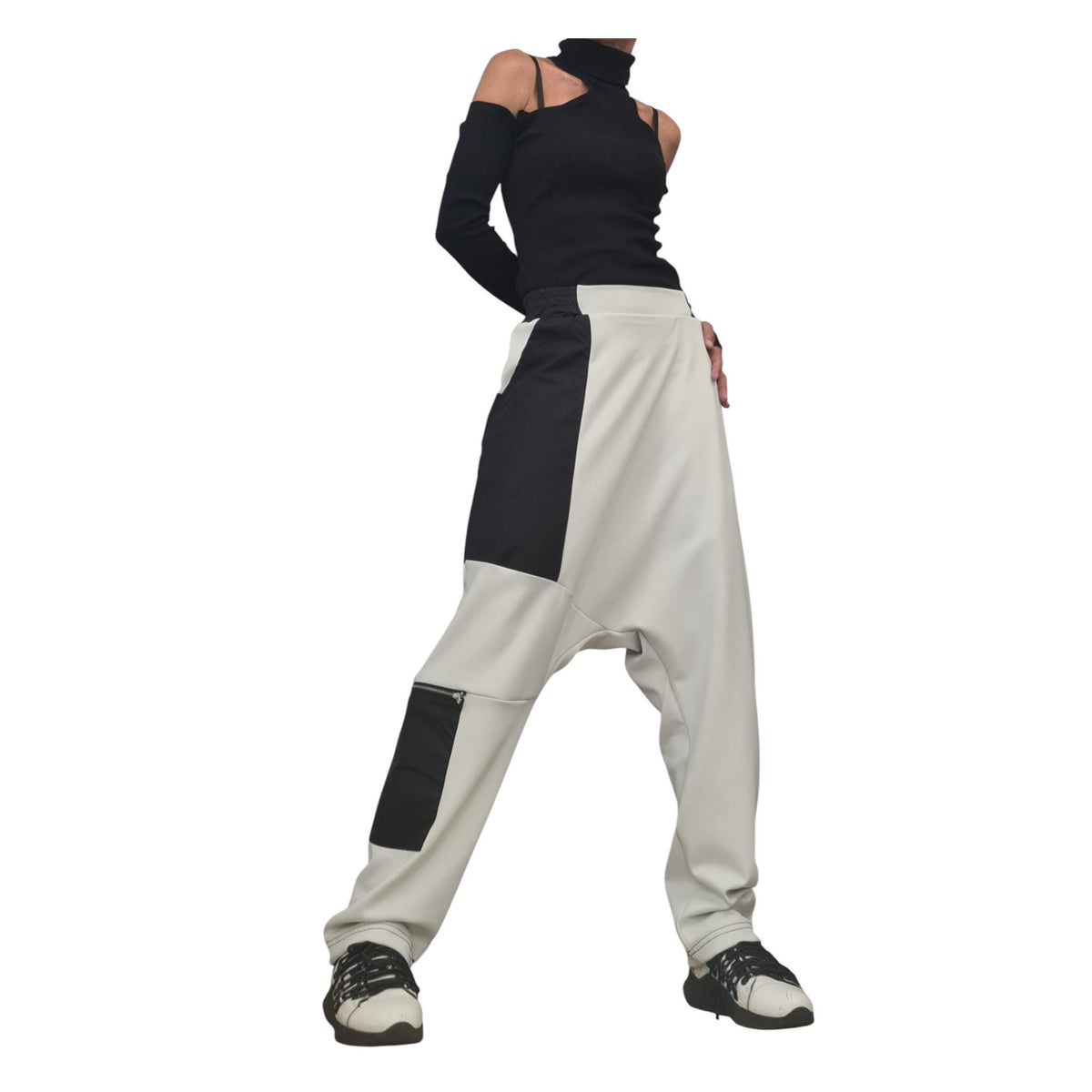 Military Green French Terry Pants, Drop Crotch Trousers, Black Contrast Panels