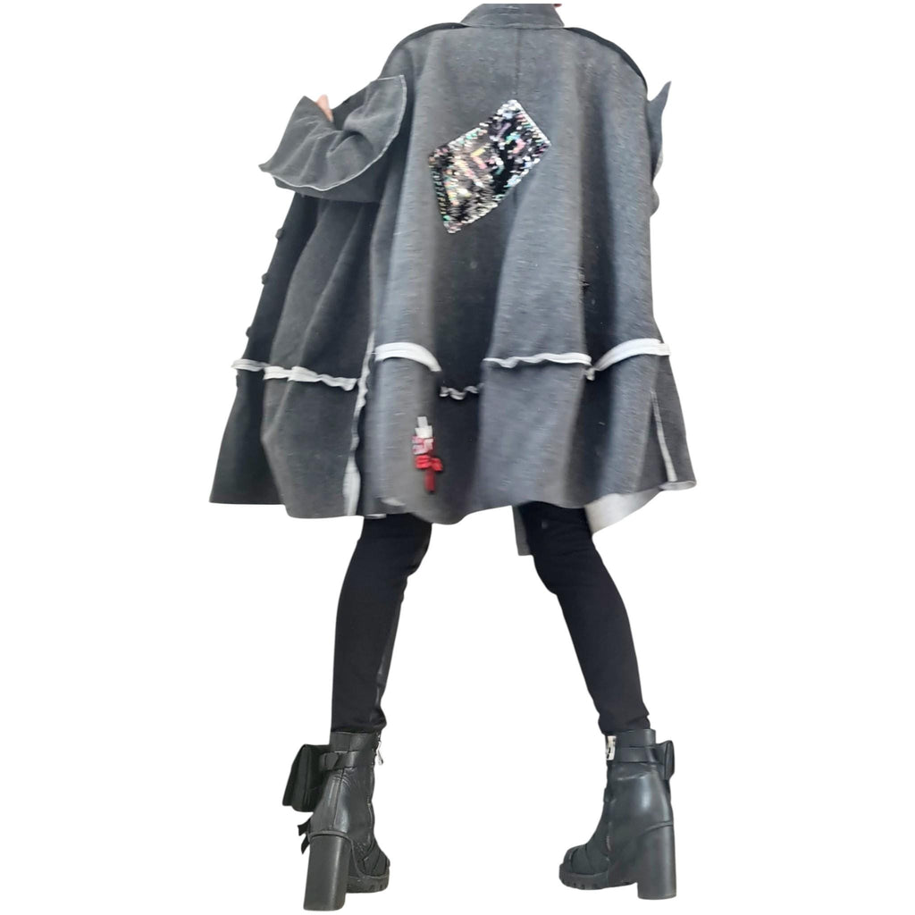 Grey Oversized Coat, Wide Trapeze Knee Jacket, Deconstructed Sleeves, Plus Size