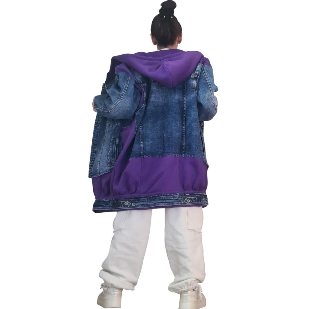 Purple Avant Garde Denim Hoodie, Oversized Cotton Sweatshirt, Designer Streetwear for Women