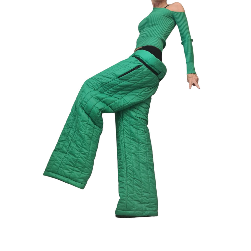 Green Quilted Pants, Wide Leg High Waist Trousers