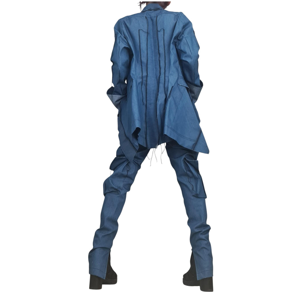 Denim Avant Garde Set, Asymmetric Blazer and Cargo Pants, Deconstructed Extravagant Womens Clothing