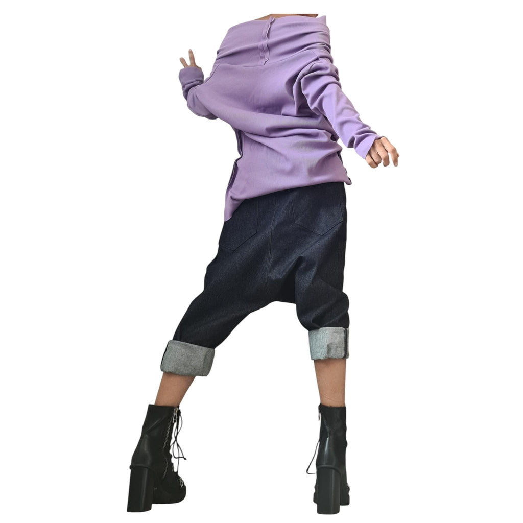 Lavender Asymmetric Women Cotton Blouse, Fitted Rib Top, Off Shoulder, Deconstructed Cut, Long Sleeve