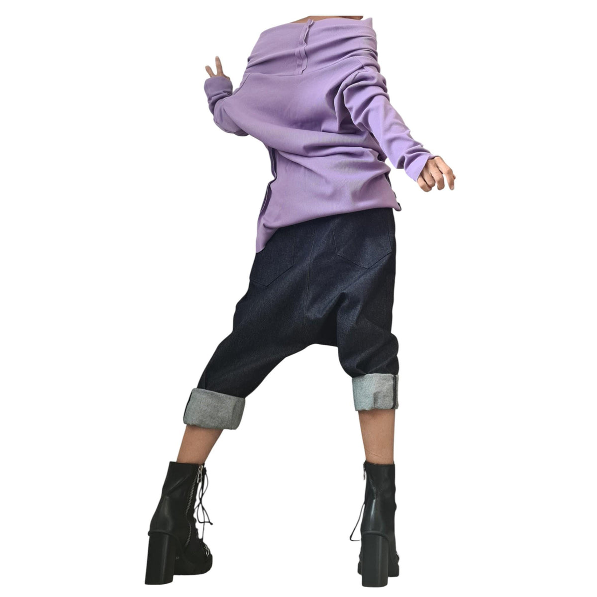 Lavender Asymmetric Women Cotton Blouse, Fitted Rib Top, Off Shoulder, Deconstructed Cut, Long Sleeve