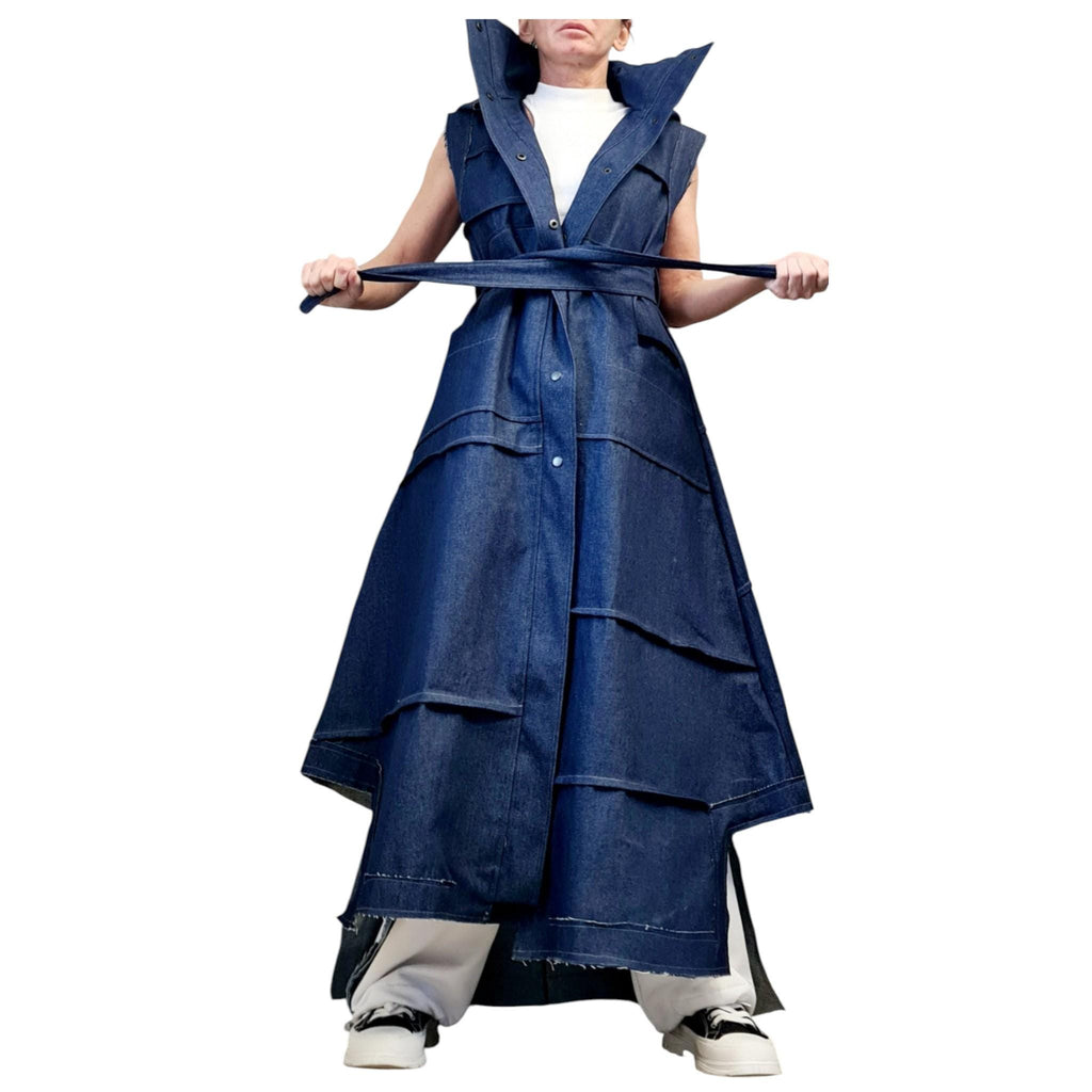 New collection Denim Hooded Vest, Extravagant Long loose Vest, Avant Garde Asymmetric Vest, Sleeveless, DRESSSHOESCODE