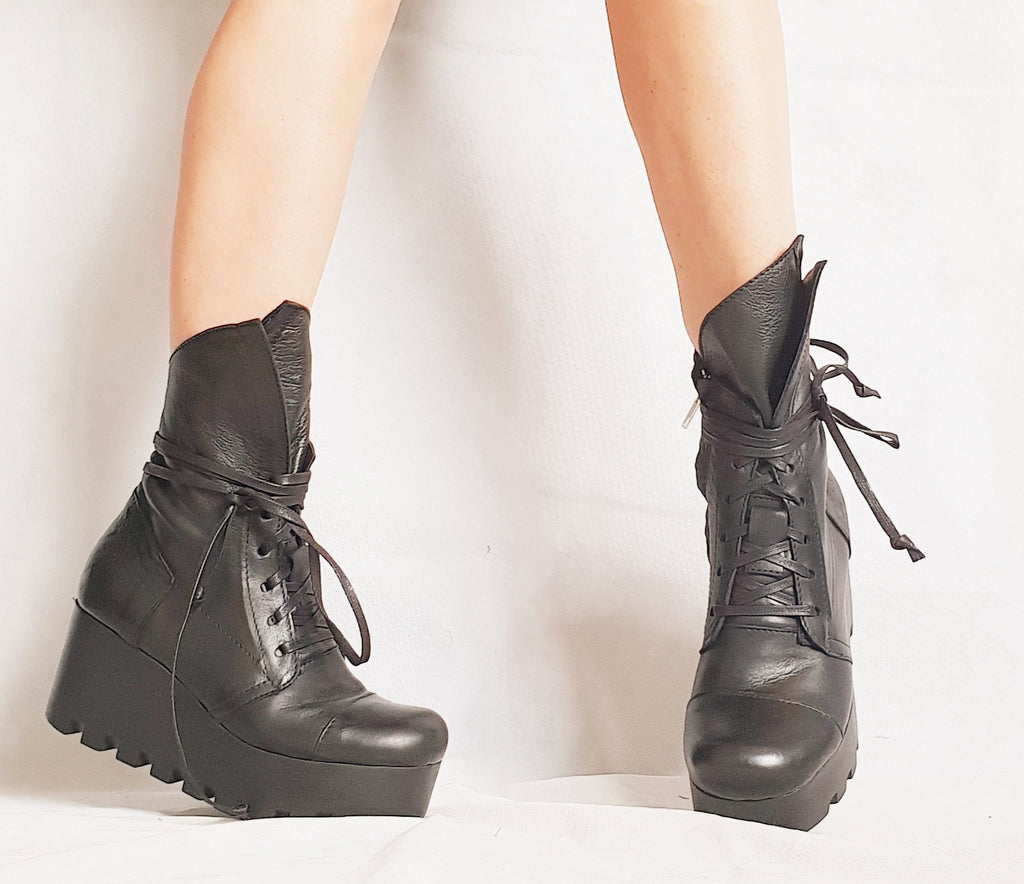 Black Platform Boots, Gothic Combat Booties, Steampunk Winter Ankle Shoes
