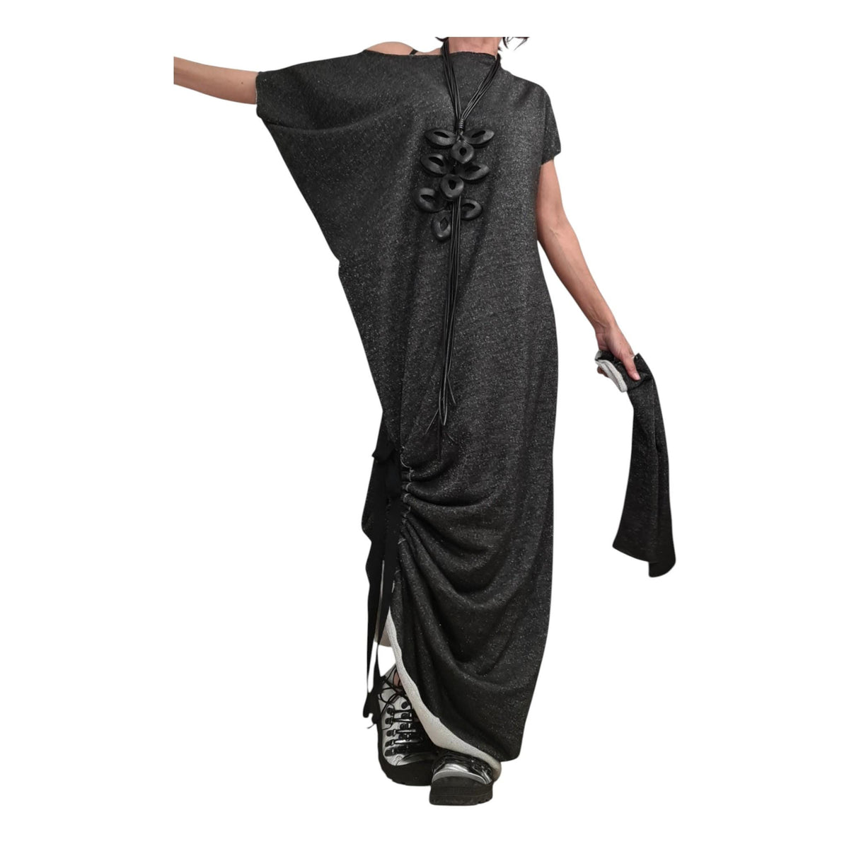 Black Silver Maxi Dress: One Shoulder, Loose Oversize Tunic