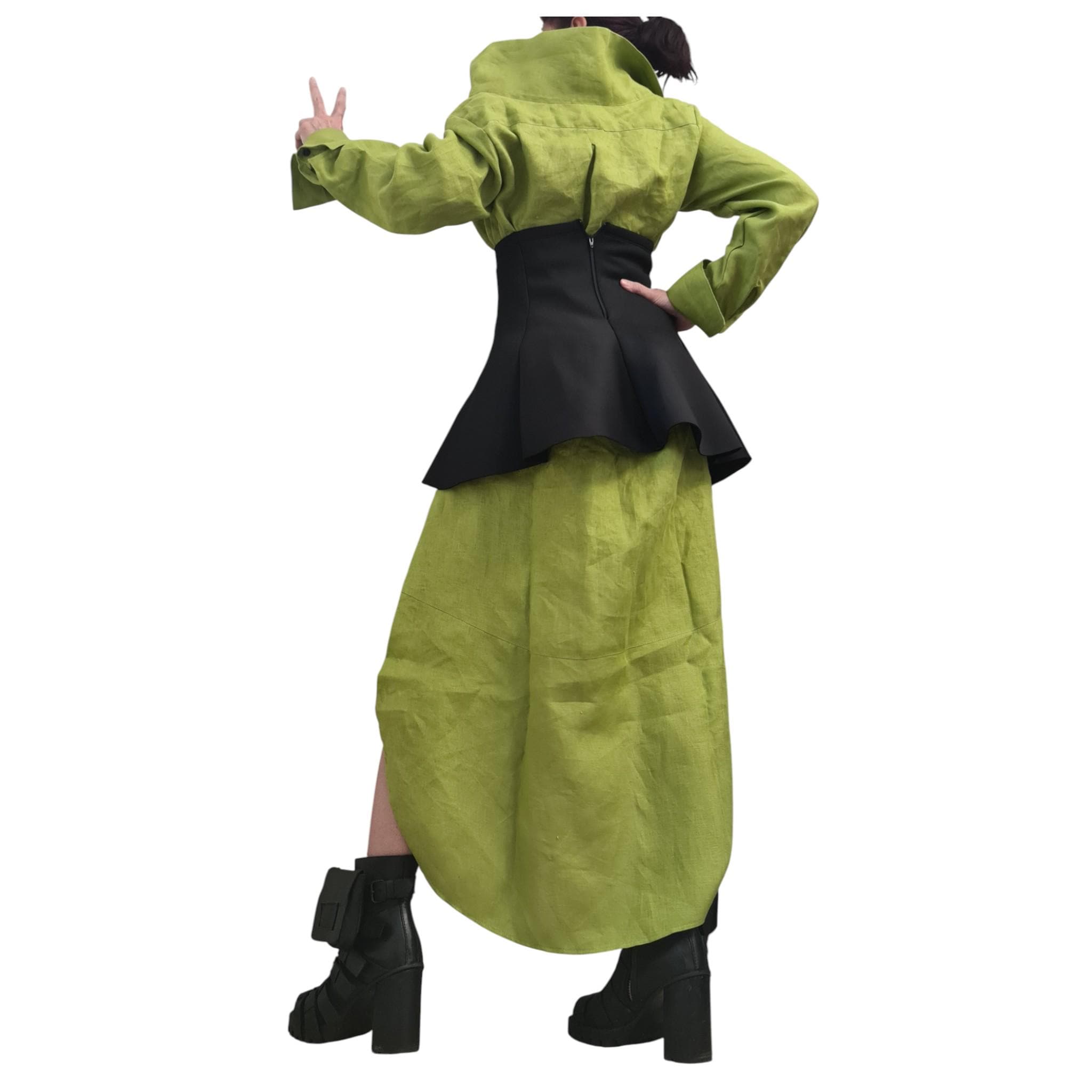 Pistachio Linen Shirt Dress with Neoprene Corset, High Low Hem, Asymmetric Handmade Tunic Dress