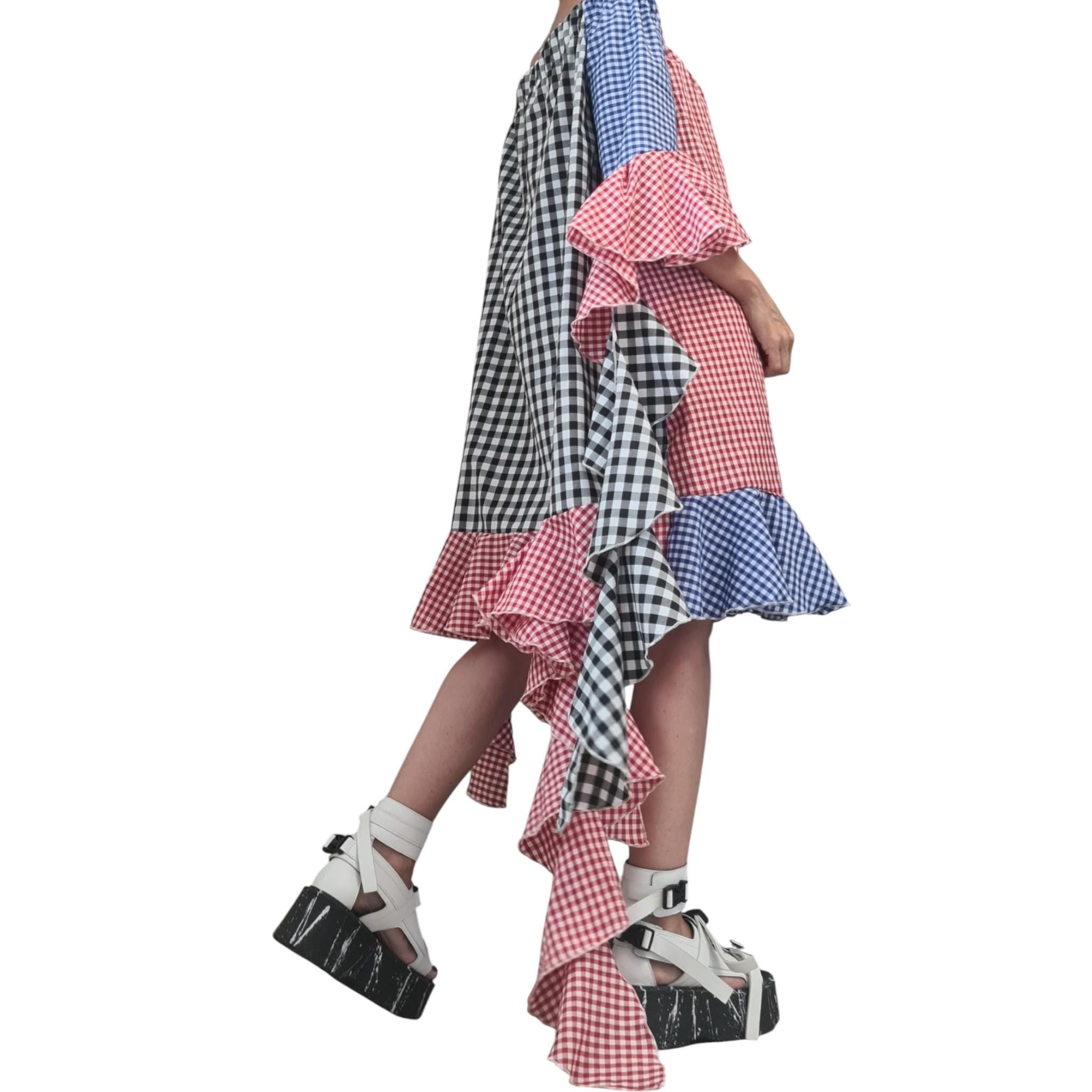 Extravagant Plaid Asymmetric Knee-Length Dress, Plus Size Cotton Dress