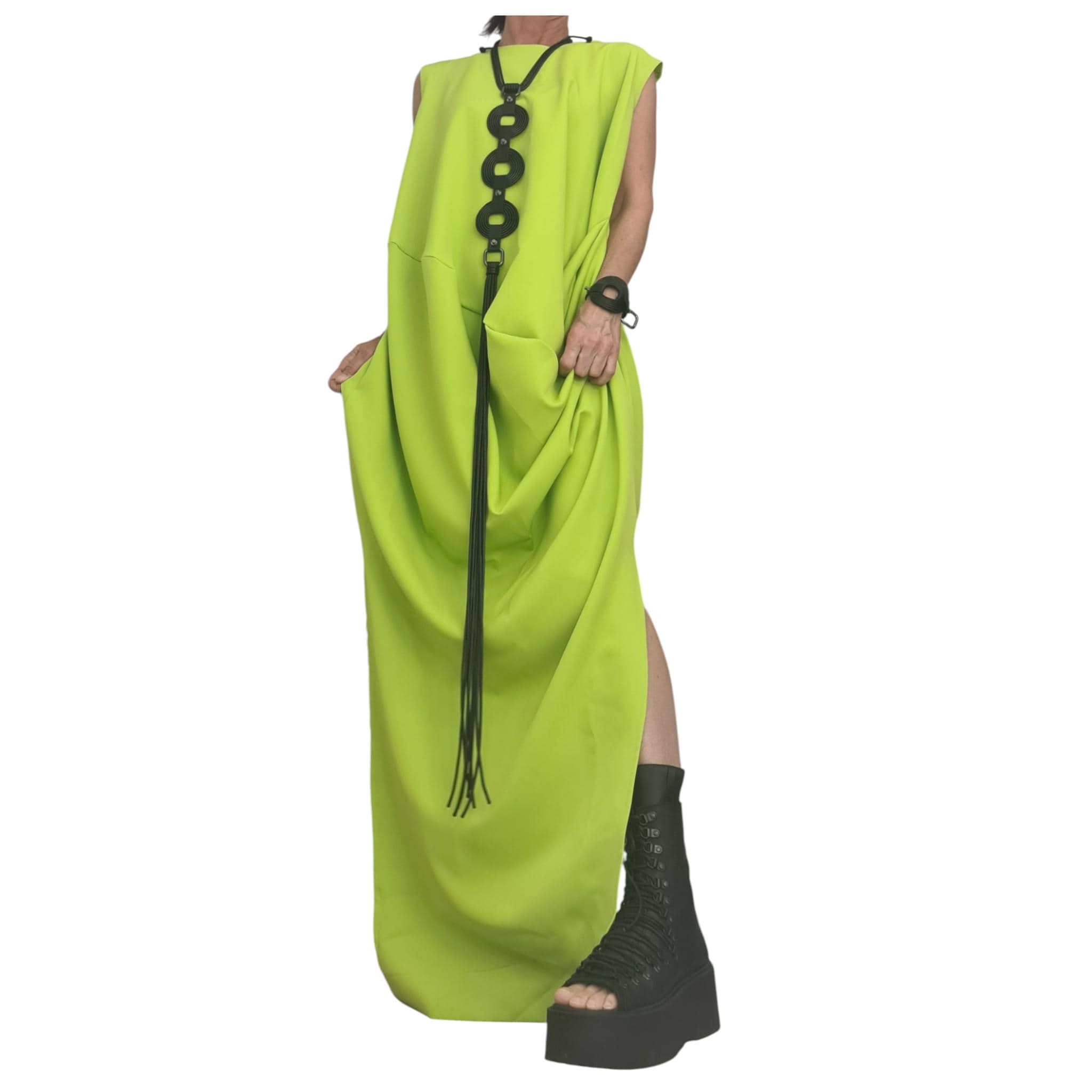 Lime Green Asymmetric Maxi Dress, Avant Garde Loose Drape Style