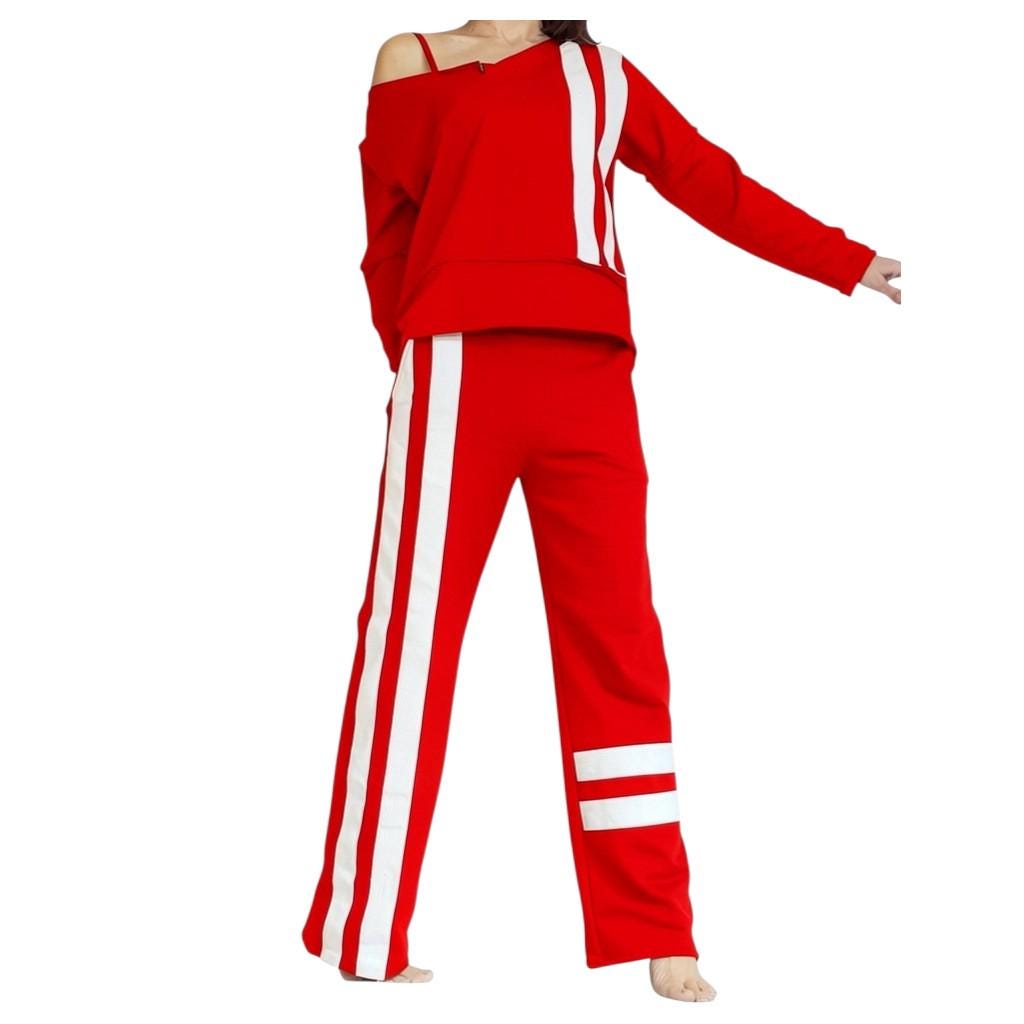 Black Cotton Blouse, White Side Stripe Pants, Casual Sportswear Co-Ord Set
