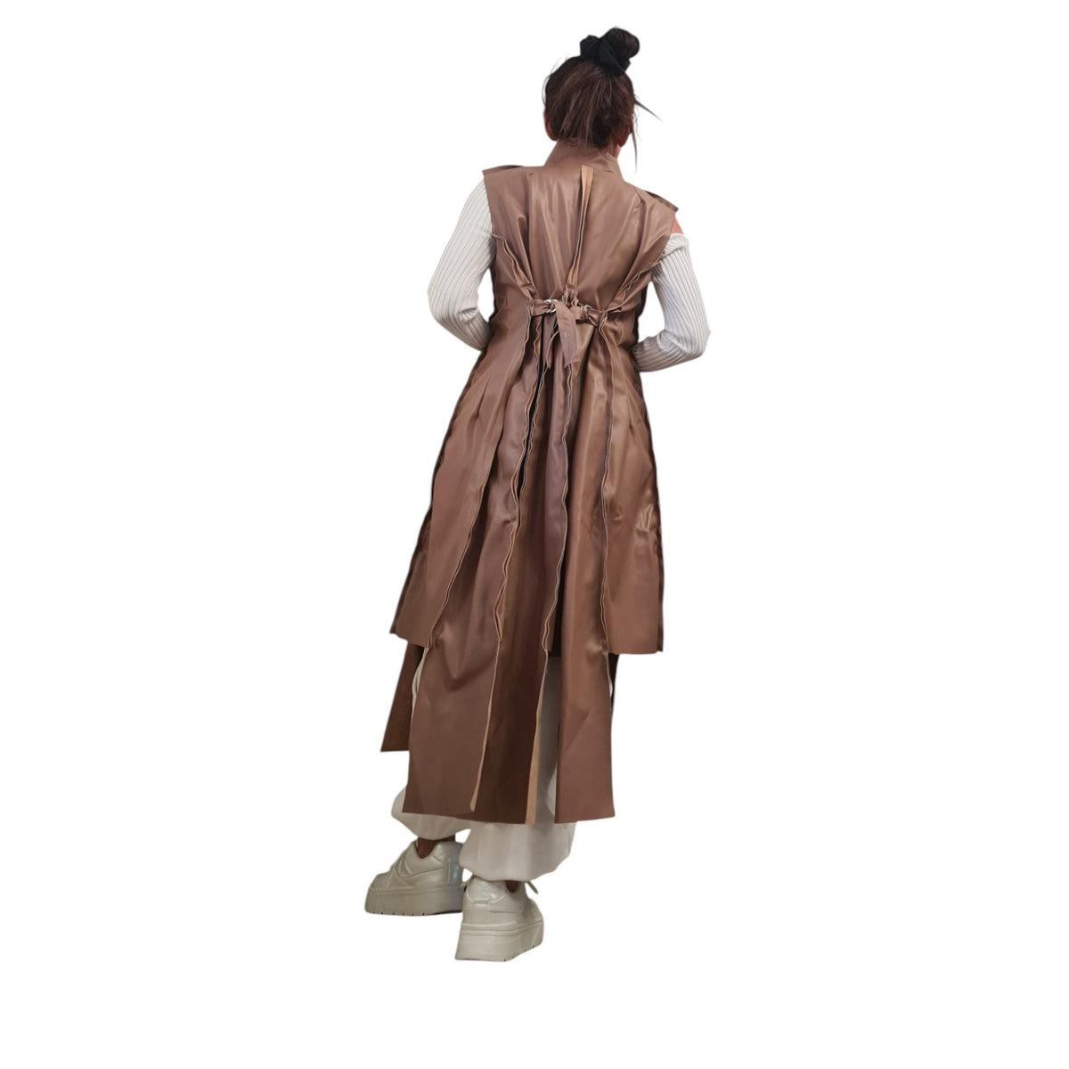 Brown Faux Leather Asymmetrical Maxi Vest, Fitted Sleeveless Coat, Multiple Metal Buckle Closures