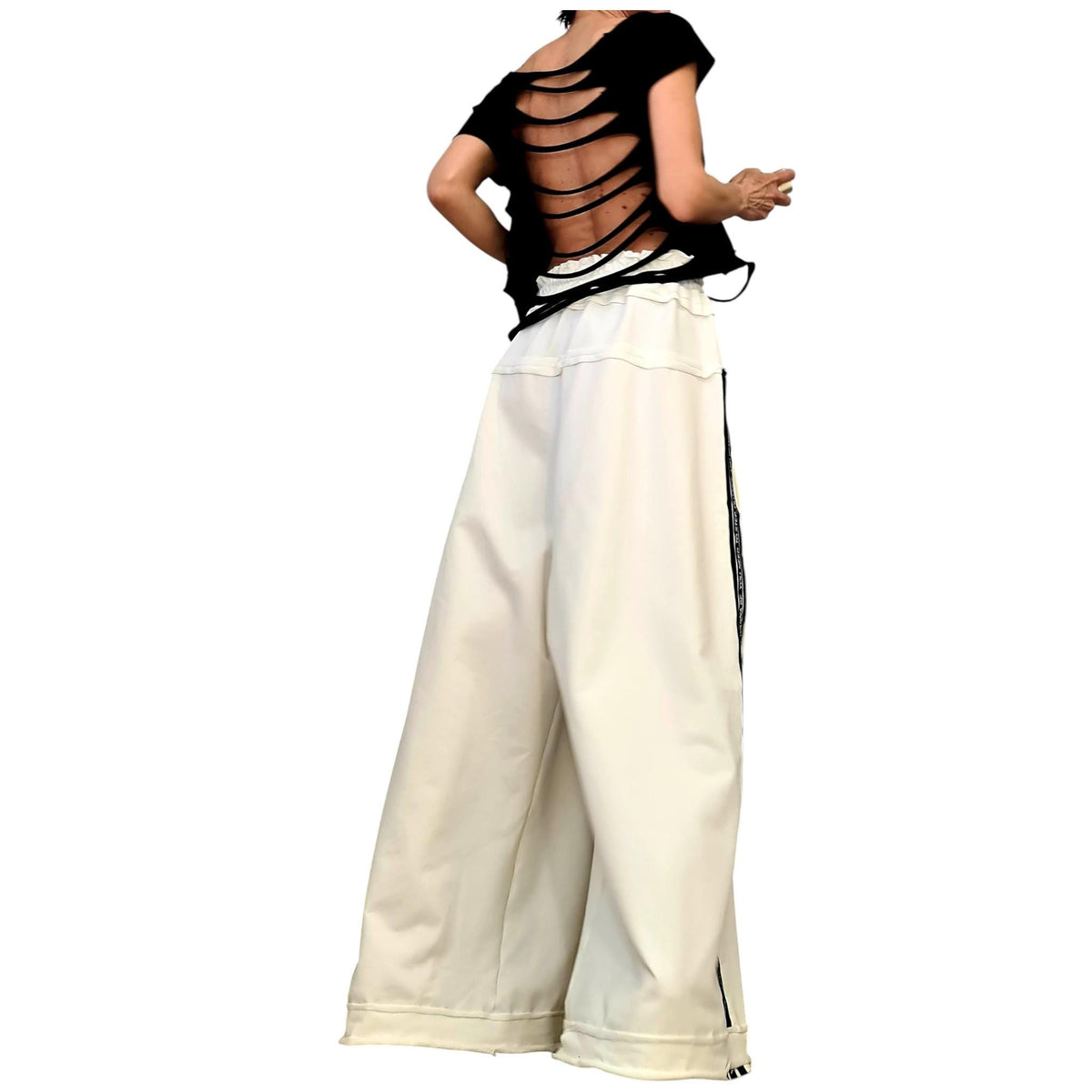 Ivory French Terry Wide Leg Pants, Relaxed Cotton Trousers, Elastic Waist