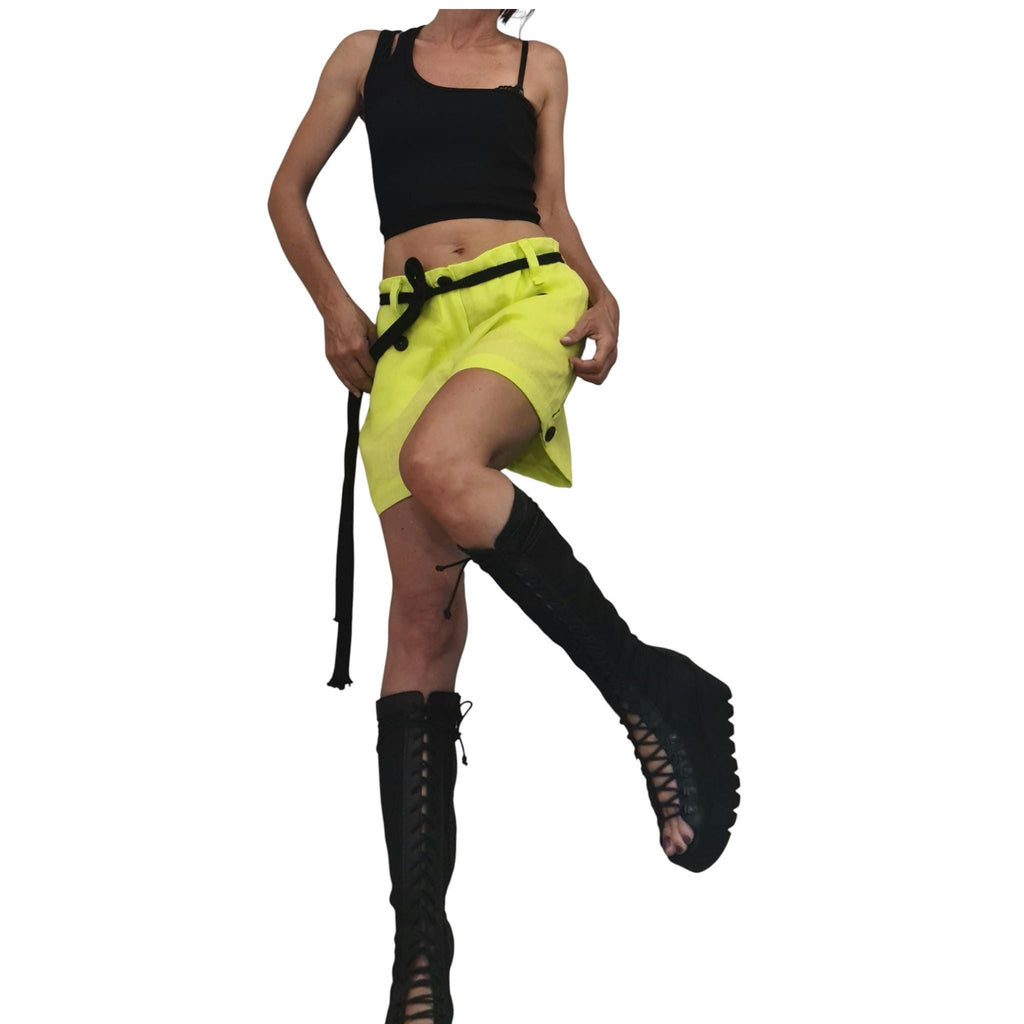 Lime Linen Avant Garde Shorts for Women, Wide Leg Summer Urban Pants