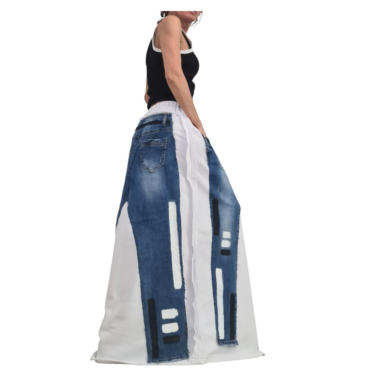 Avant-Garde White Cotton Denim Maxi Skirt, Plus Size Asymmetrical Skirt, Raw Seams, Deconstructed Silhouette