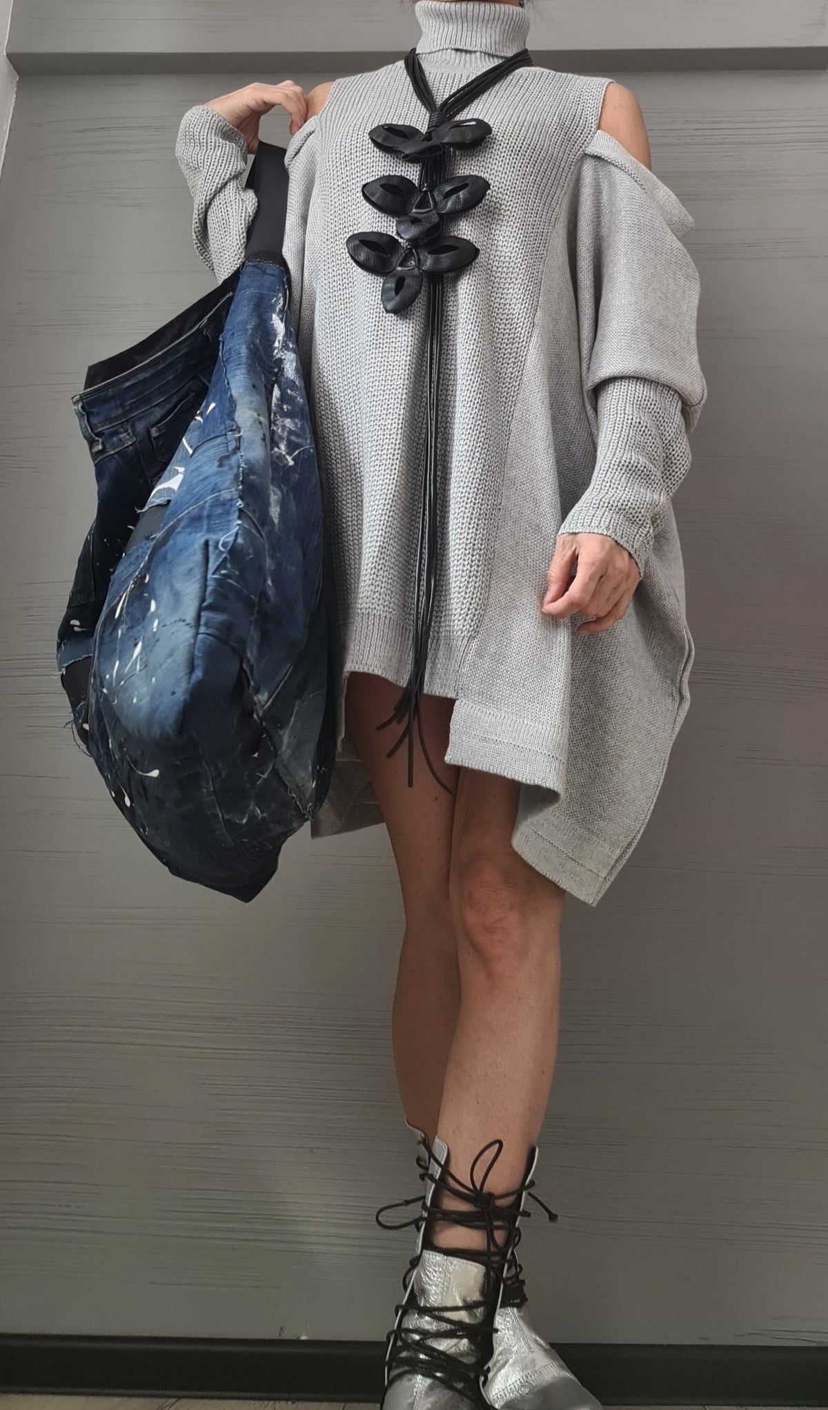 Grey Asymmetric Knitted Tunic Dress, Cold Shoulder Sweater, Plus Size Top