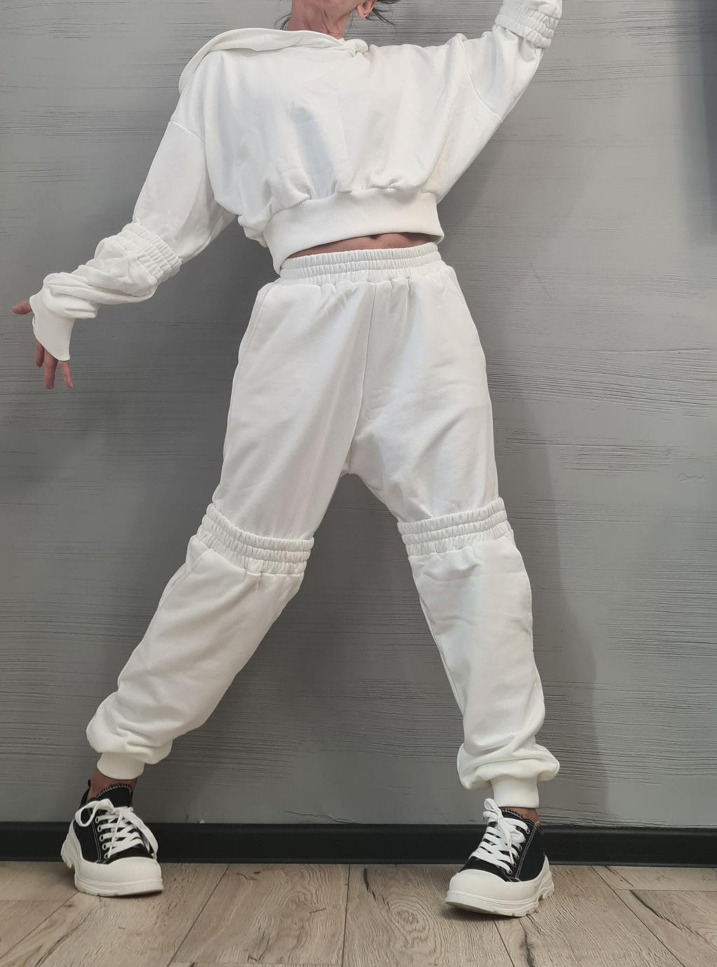 White Cotton Cargo Jogger Pants, Oversized Cropped Hoodie, Ruched Knee Panels, Two-Piece Co-Ord Set