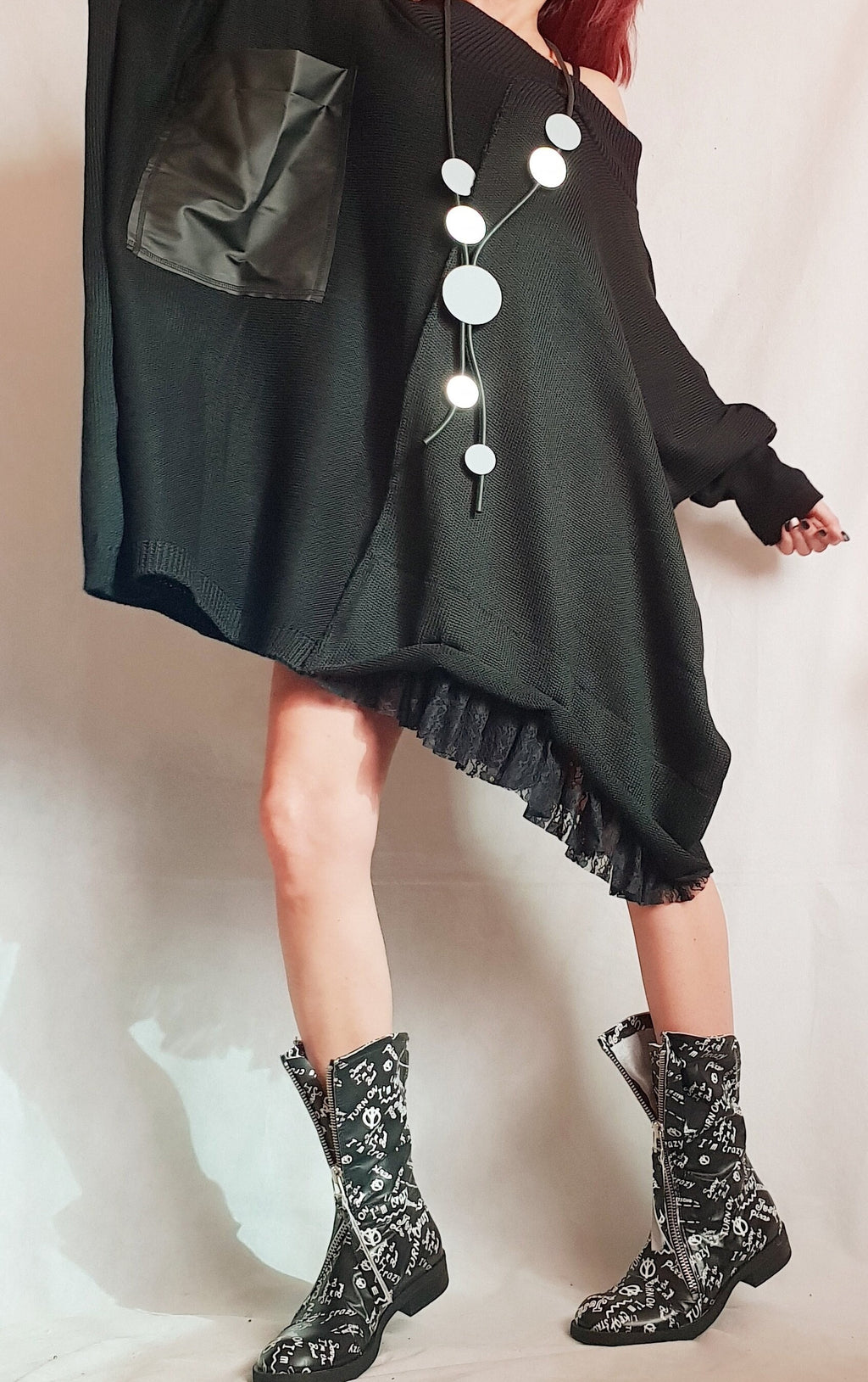 Black Asymmetrical Knitted Tunic, Oversized Long Sleeve Sweater, Plus Size Top