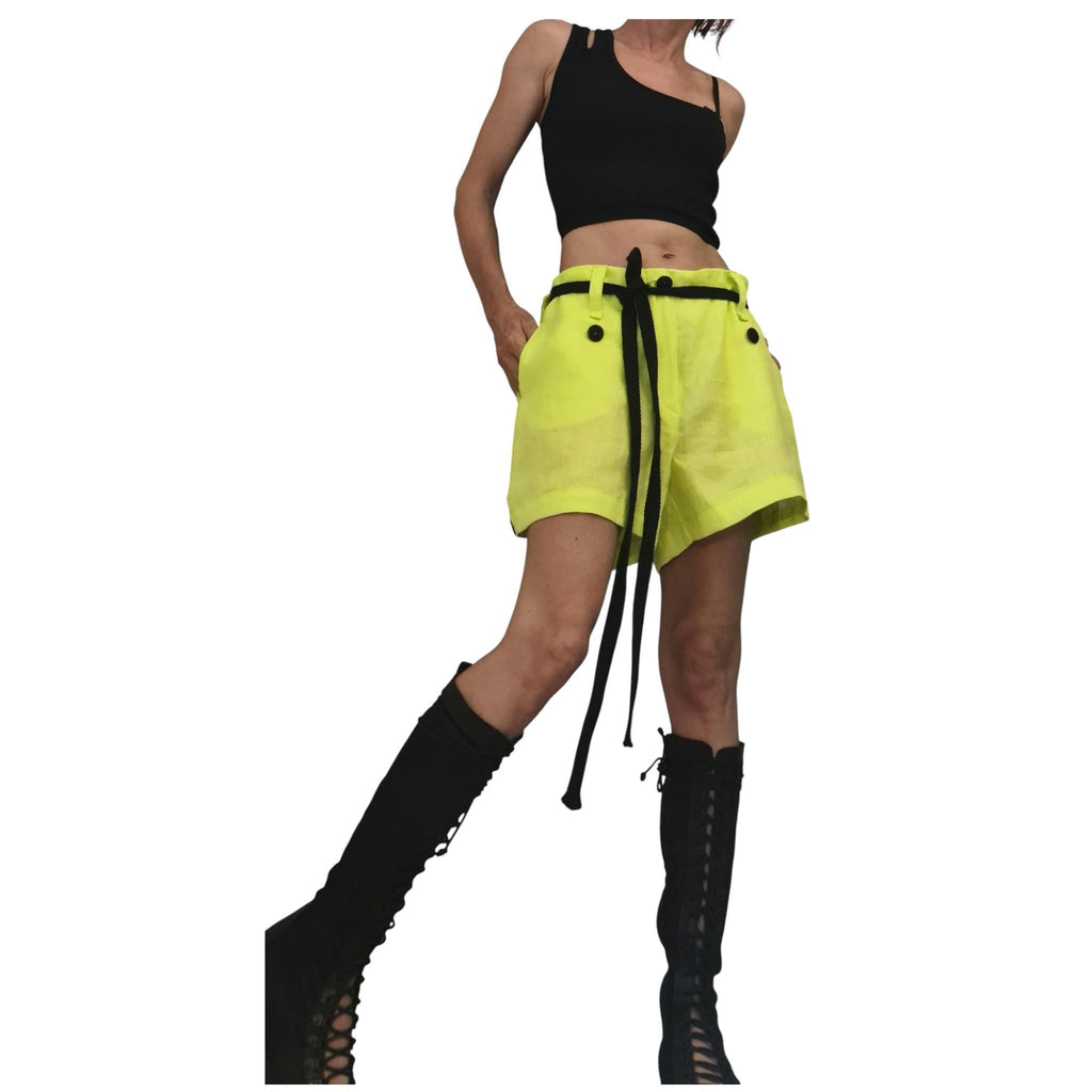 Lime Linen Avant Garde Shorts for Women, Wide Leg Summer Urban Pants