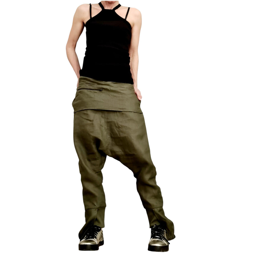Military Green Linen Pants for Women, Drop Crotch Summer Trousers, Handmade Casual Urban Outfit