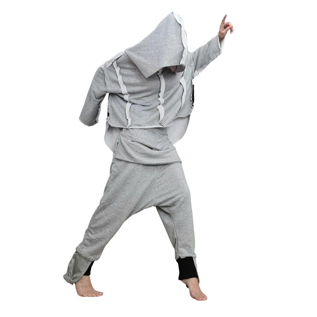 Grey Black Cotton Drop Crotch Harem Pants, Oversized Hooded Top, Plus SizeCo-Ord Set