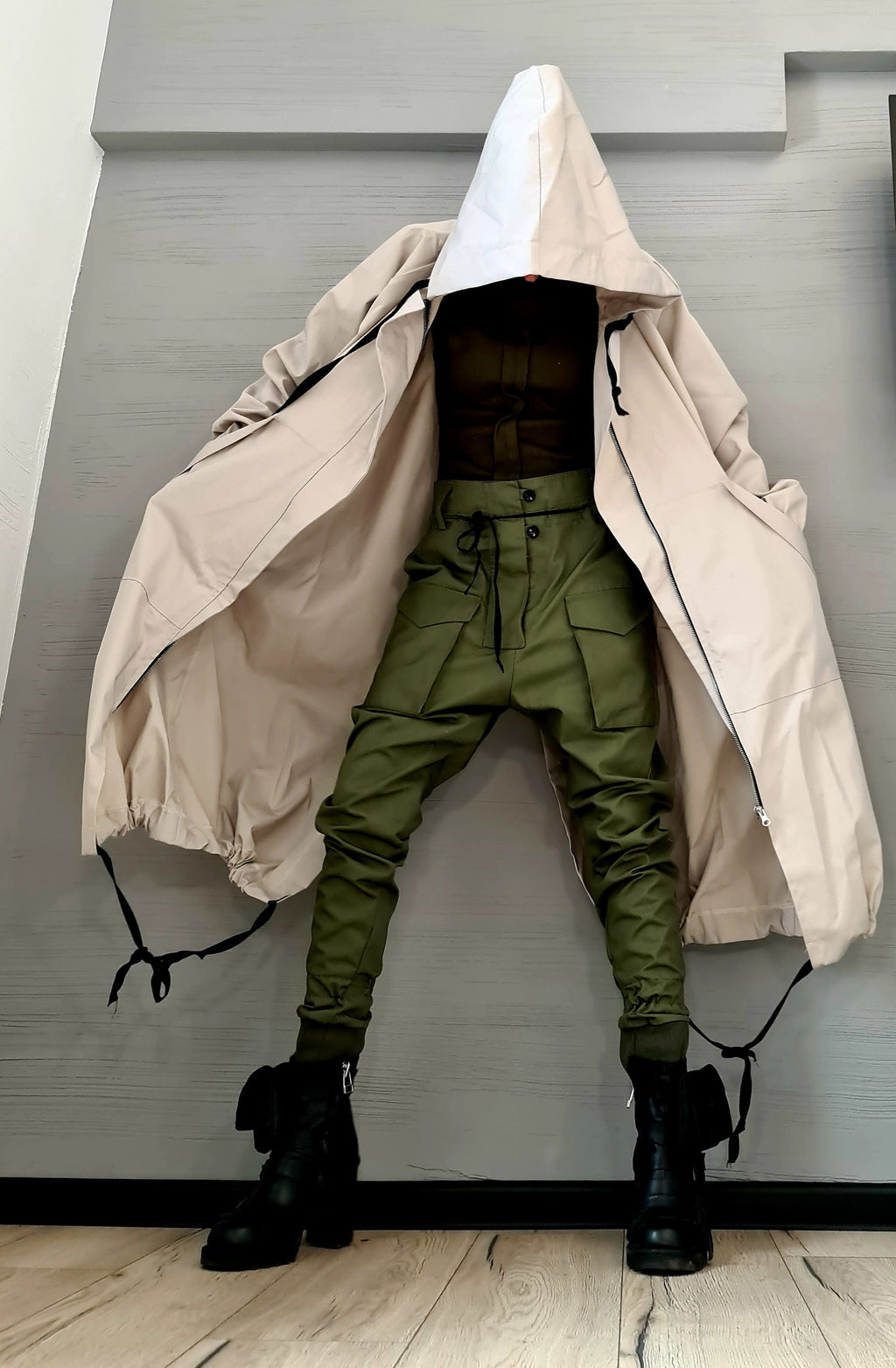 Light Beige Asymmetrical Hooded Trench Coat, Ripstop Jacket with Overlapping Open Back