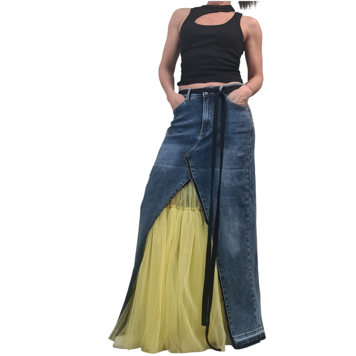 Denim Tulle Maxi Skirt, Asymmetric Plus Sizw Skirt, Deconstructed Womens Clothing