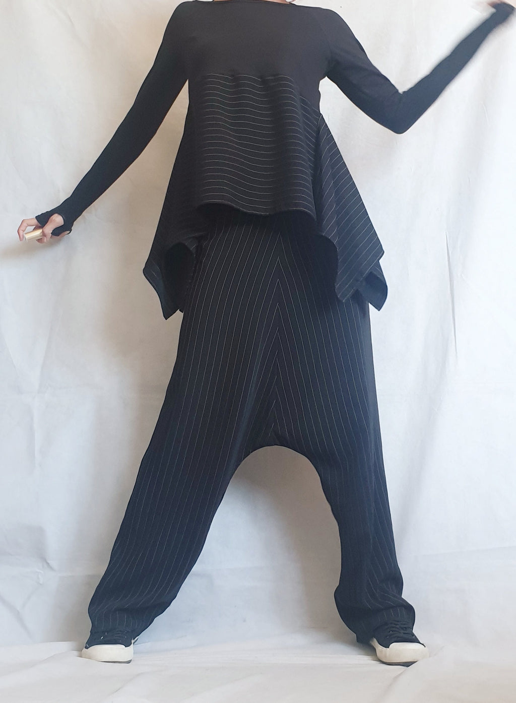 Black Pinstripe Drop Crotch Harem Pants, Asymmetrical Long Tunic, Thumbhole Sleeves, Two-Piece Co-Ord Set