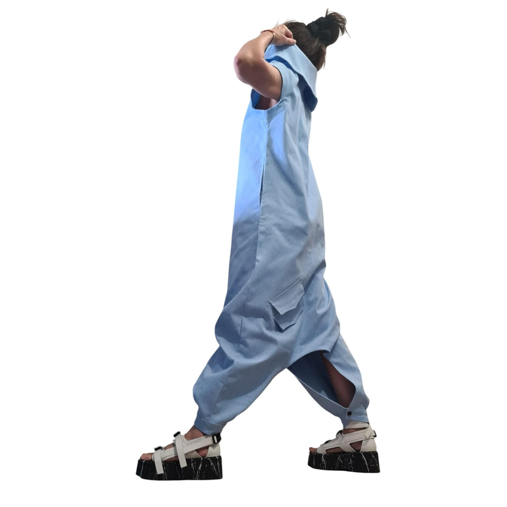 Light Blue Denim Jumpsuit Dress for Women, Asymmetric Harem Overall, Wide Leg Outfit