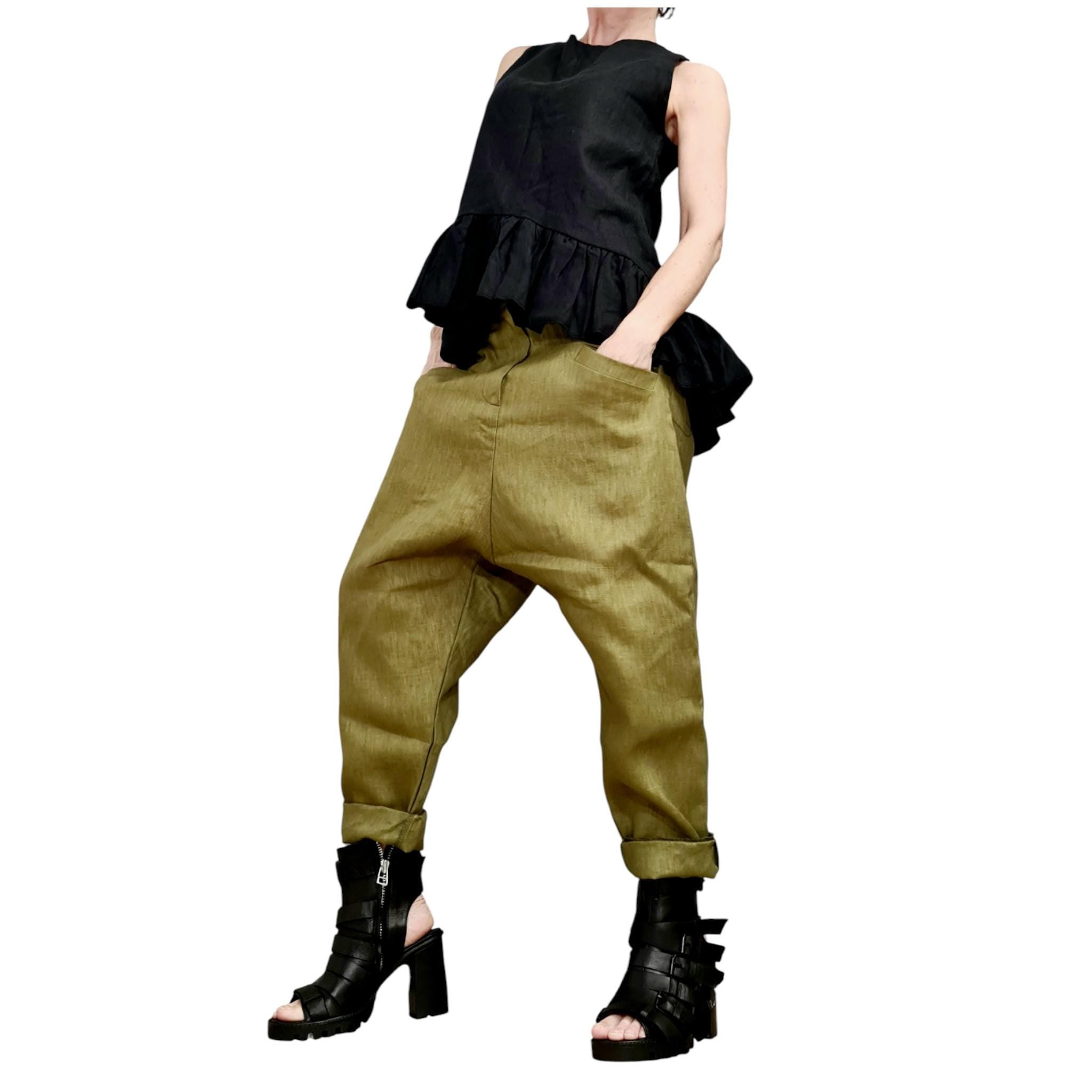 Military Green Linen Harem Pants, Wide Drop Crotch Trousers, Loose Summer Pants