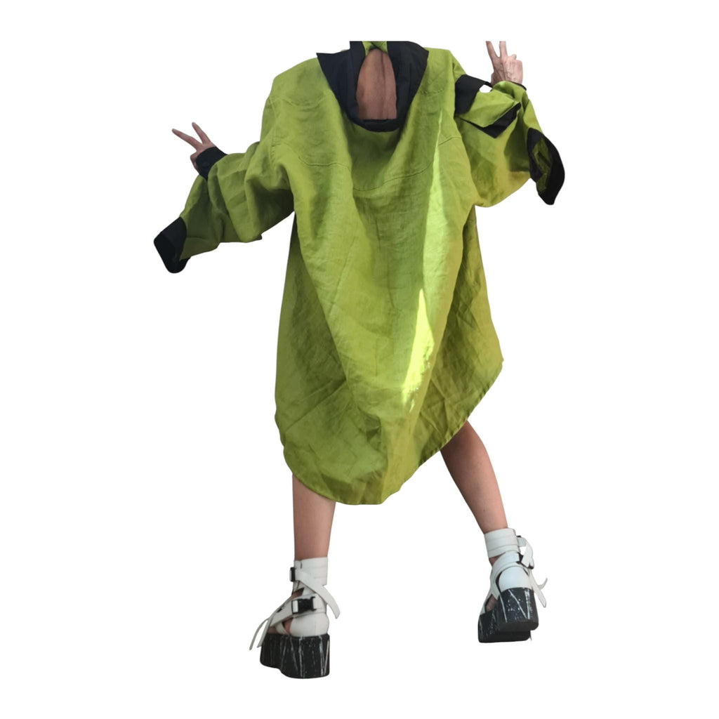 Baby Pink Linen Shirt, Oversized Avant Garde Top, Open Back, Cargo Pocket, Plus Size