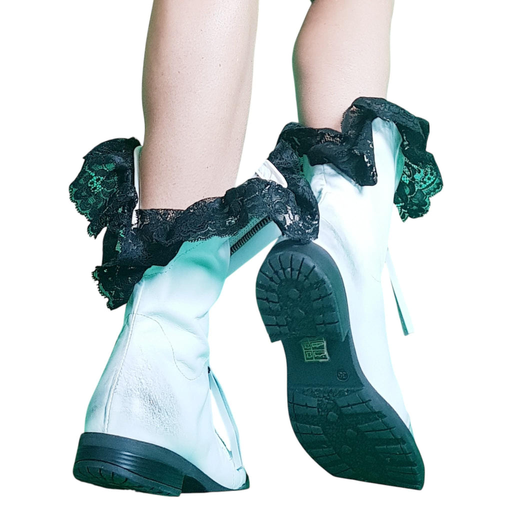 White Leather Closed Toe Ankle, Handmade Lace Wedding Shoes, Winter Boots for Women