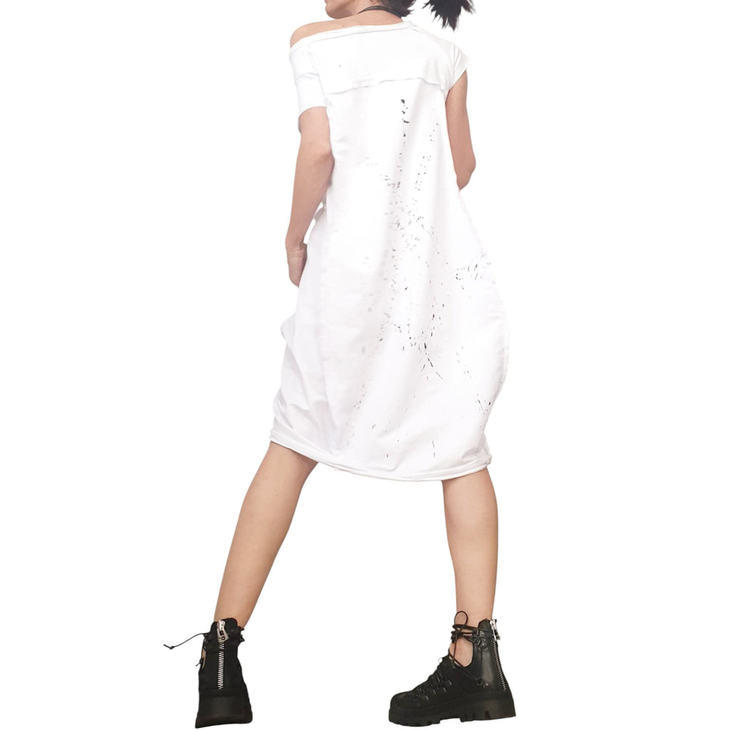 White Cotton Short Sleeve Dress, One Shoulder, Asymmetric Oversized Tunic