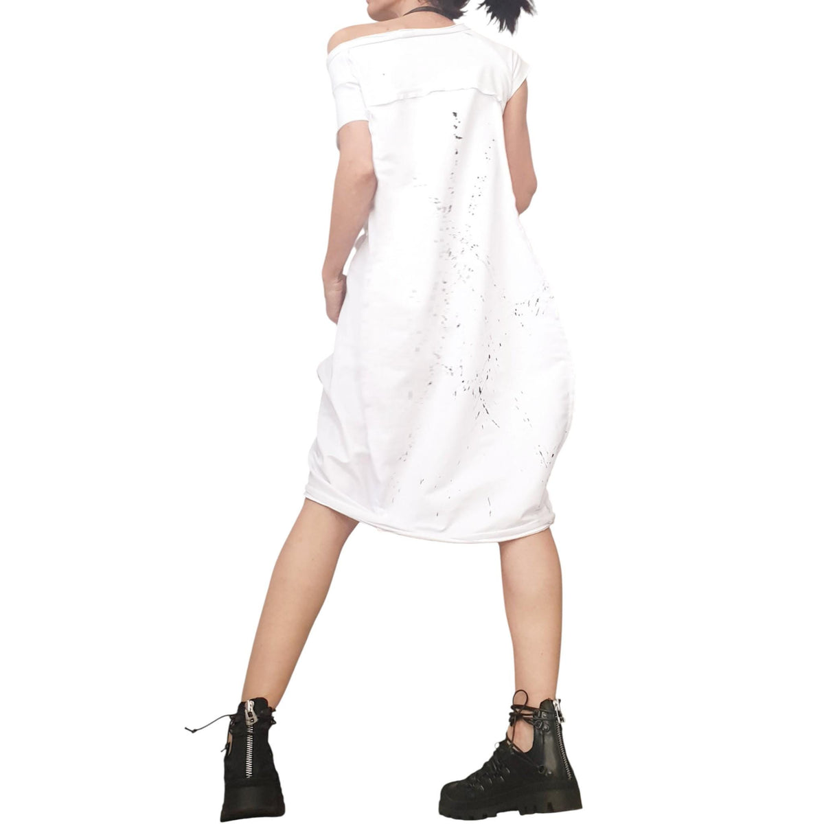 White Cotton Short Sleeve Dress, One Shoulder, Asymmetric Oversized Tunic