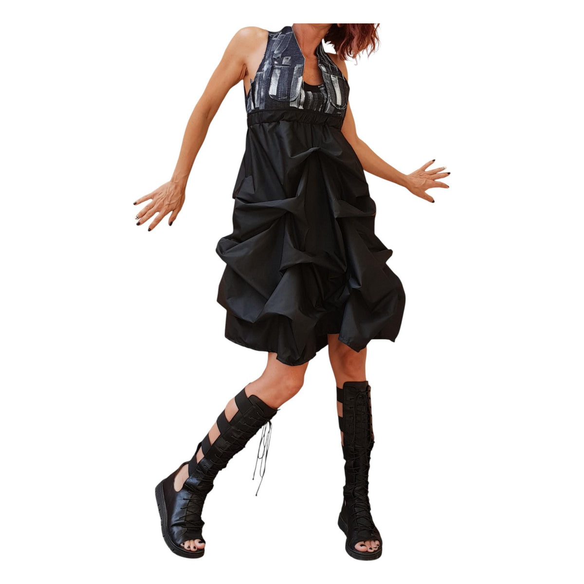 Open Back Maxi Dress, Denim Top Black Bottom Dress, Oversized Avant Garde Clothing