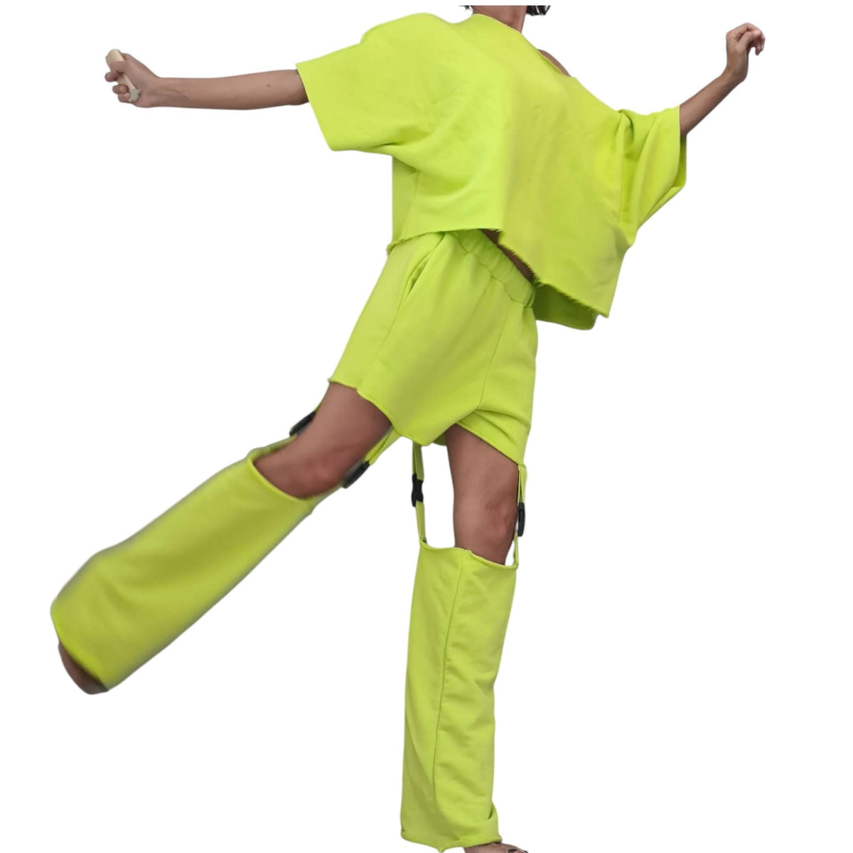 Lime Asymmetrical Blouse, Shorts with Detachable Pant Legs, Convertible Co-Ord Set