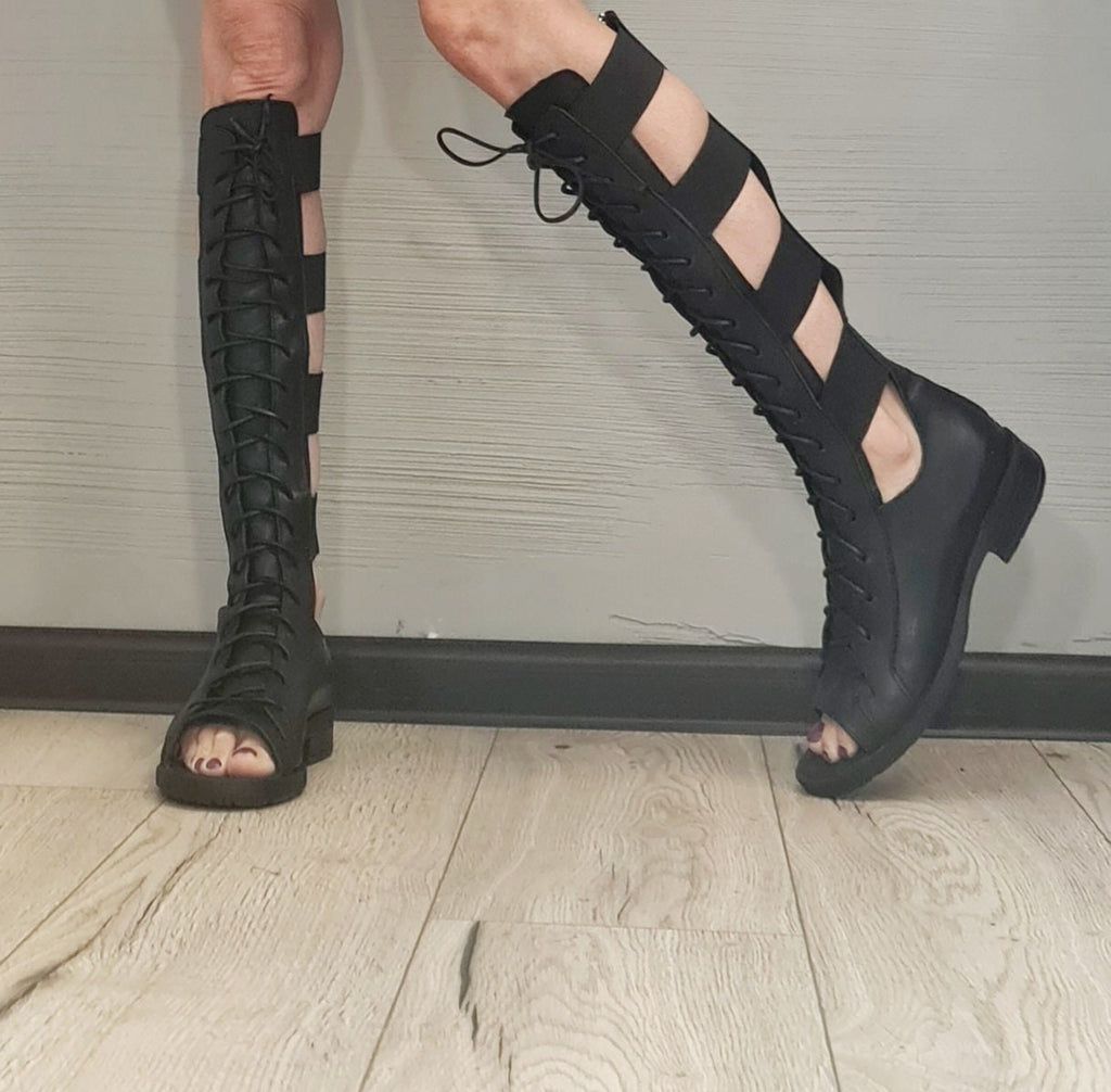 Greek Gladiator Sandals, Knee High Flat Shoes, Open Toe Strappy Boots
