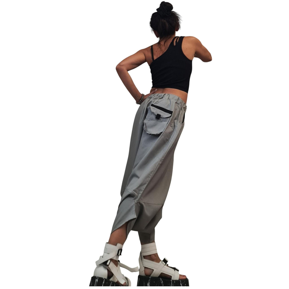 Gray Linen Harem Pants, Mid-Calf Drop Crotch Trousers, Cargo Pockets, Elastic Waist, Plus Size