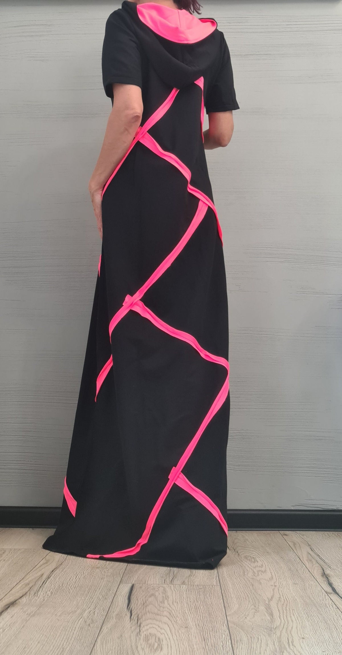 Black Hooded Cotton Maxi Dress with Neon Stripes, Loose Fit, Short sleeve, Plus Size