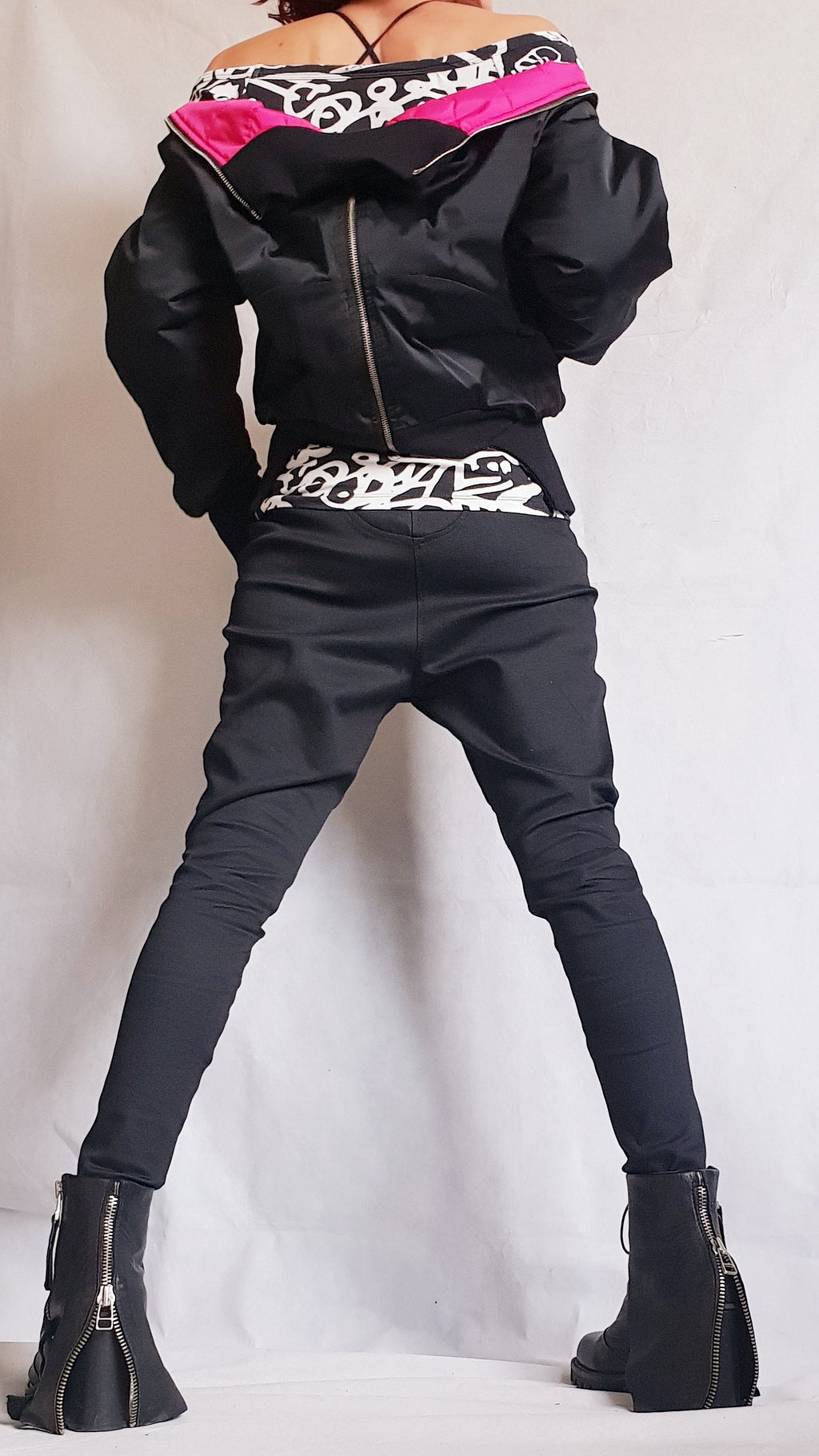 Black and Pink Cropped Winter Bomber Jacket, Oversized Fold Over Collar, Back Zip Detail