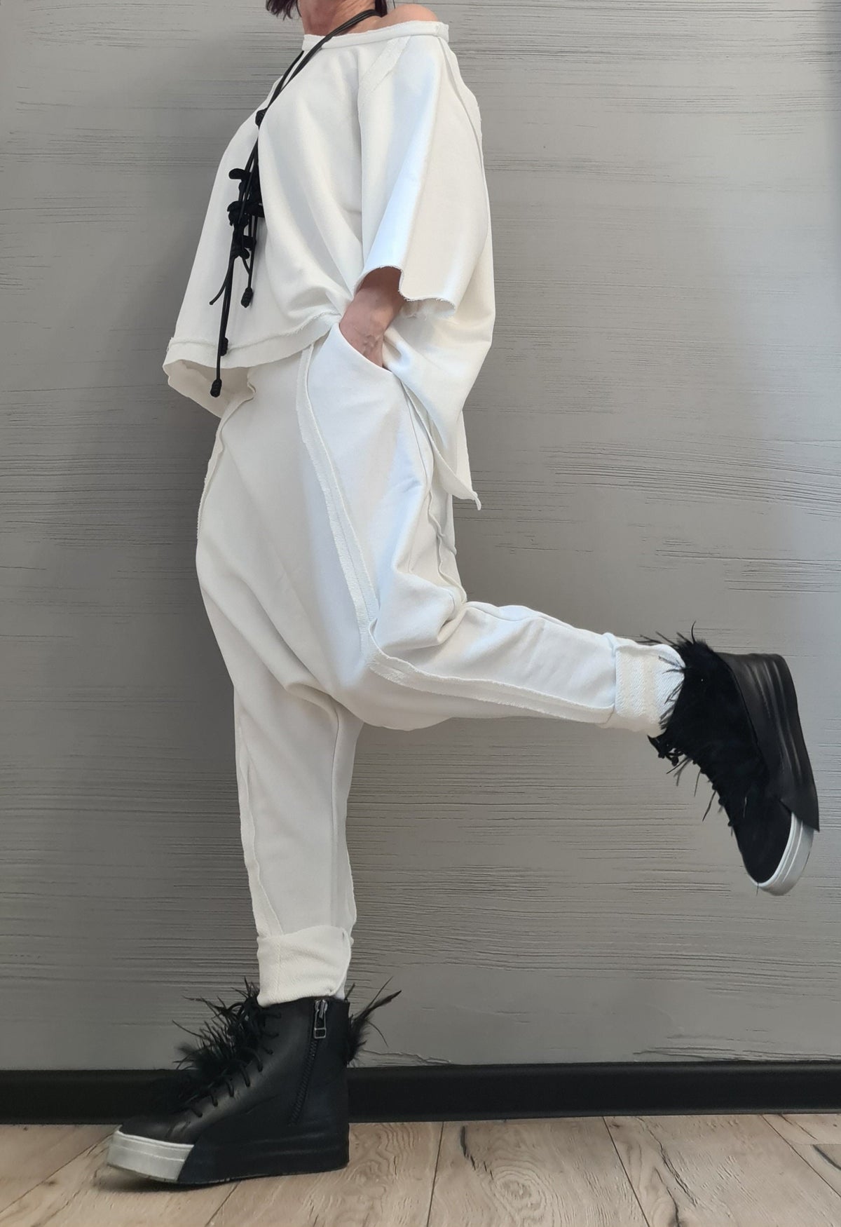 White Cotton Drop Crotch Harem Pants, Asymmetrical Open Back Blouse, Two Piece Co-Ord Set