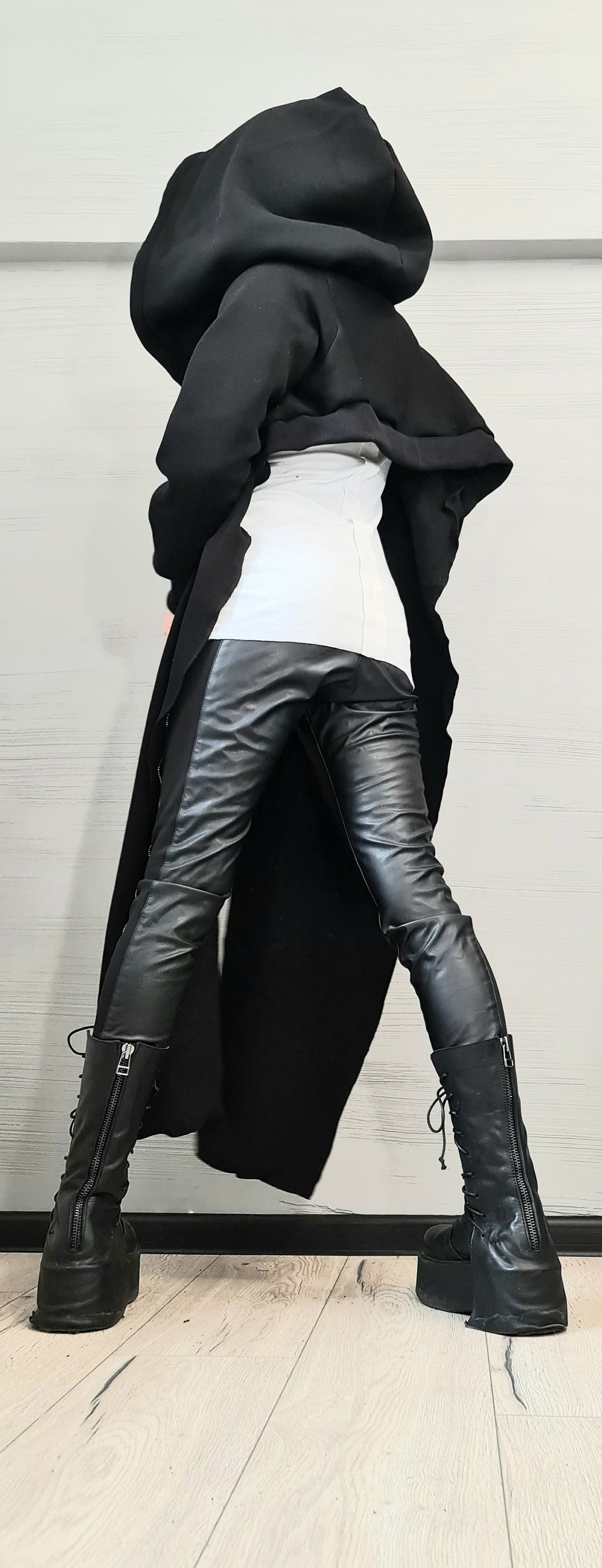 Black Cotton Hooded Sweatshirt, Cropped Back, Long Asymmetrical Draped Panels