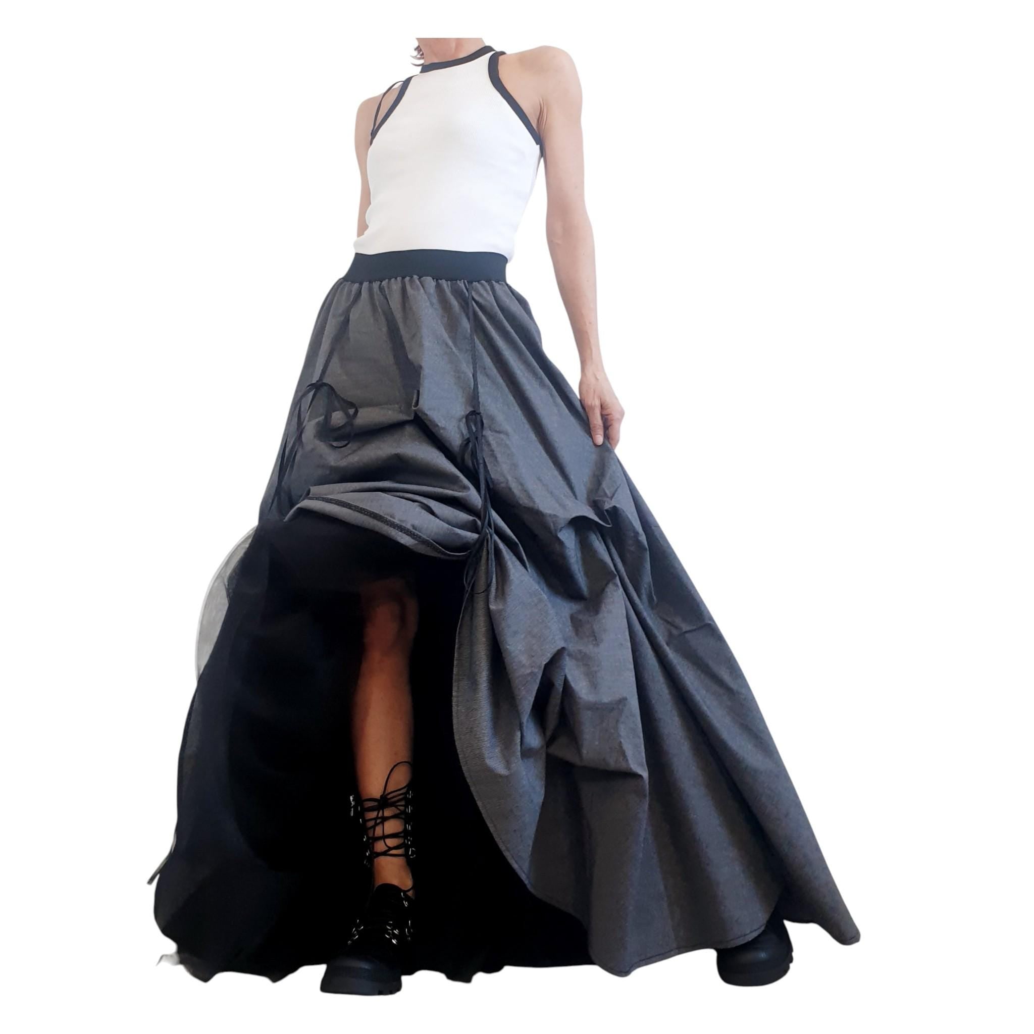 Dark Grey Cotton Sateen Maxi Skirt Dress, Adjustable Drawstrings, Layered Tulle, Convertible Design