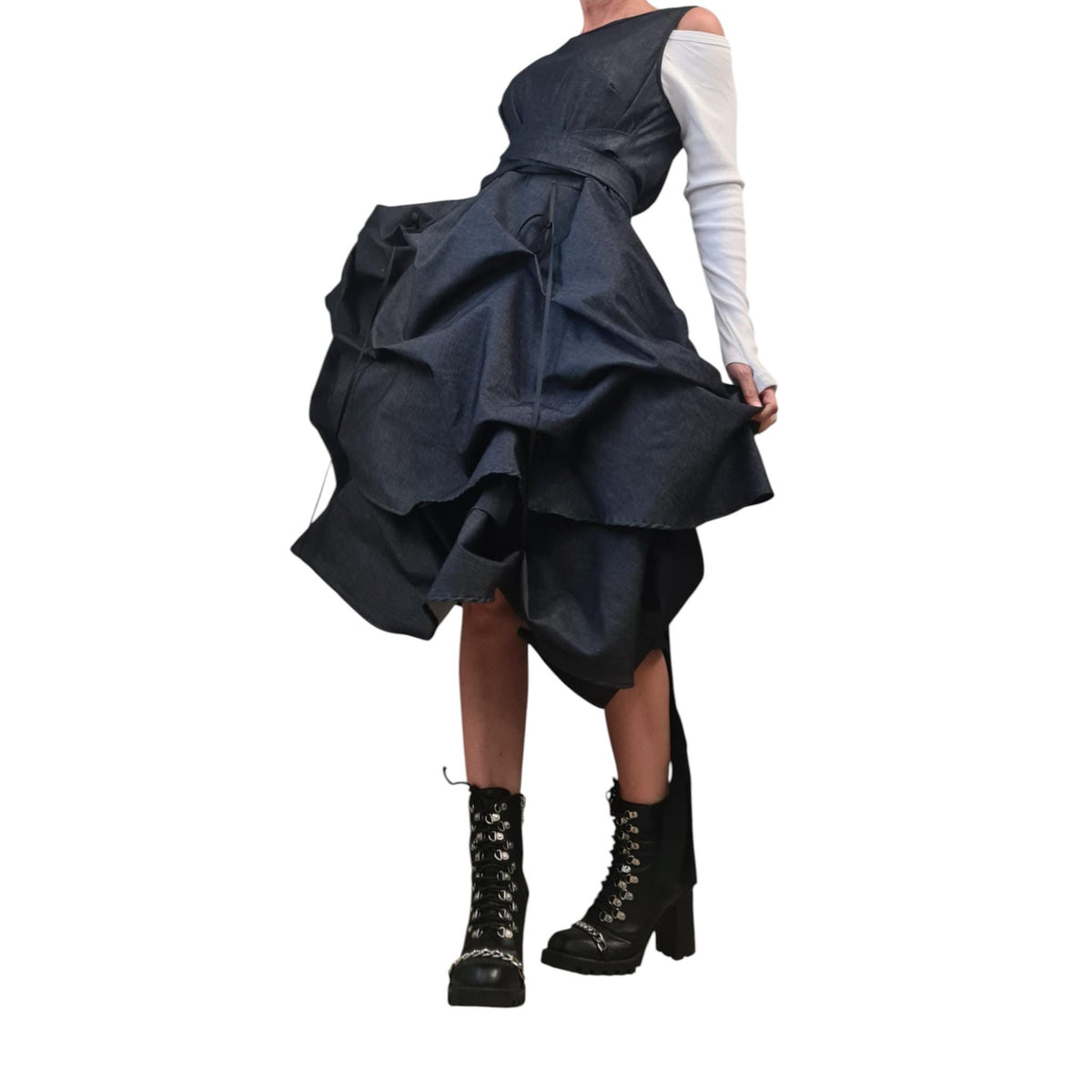 Avant Garde Denim Midi Dress | Asymmetric Sleeveless Design | Handmade Deconstructed Fashion for Women