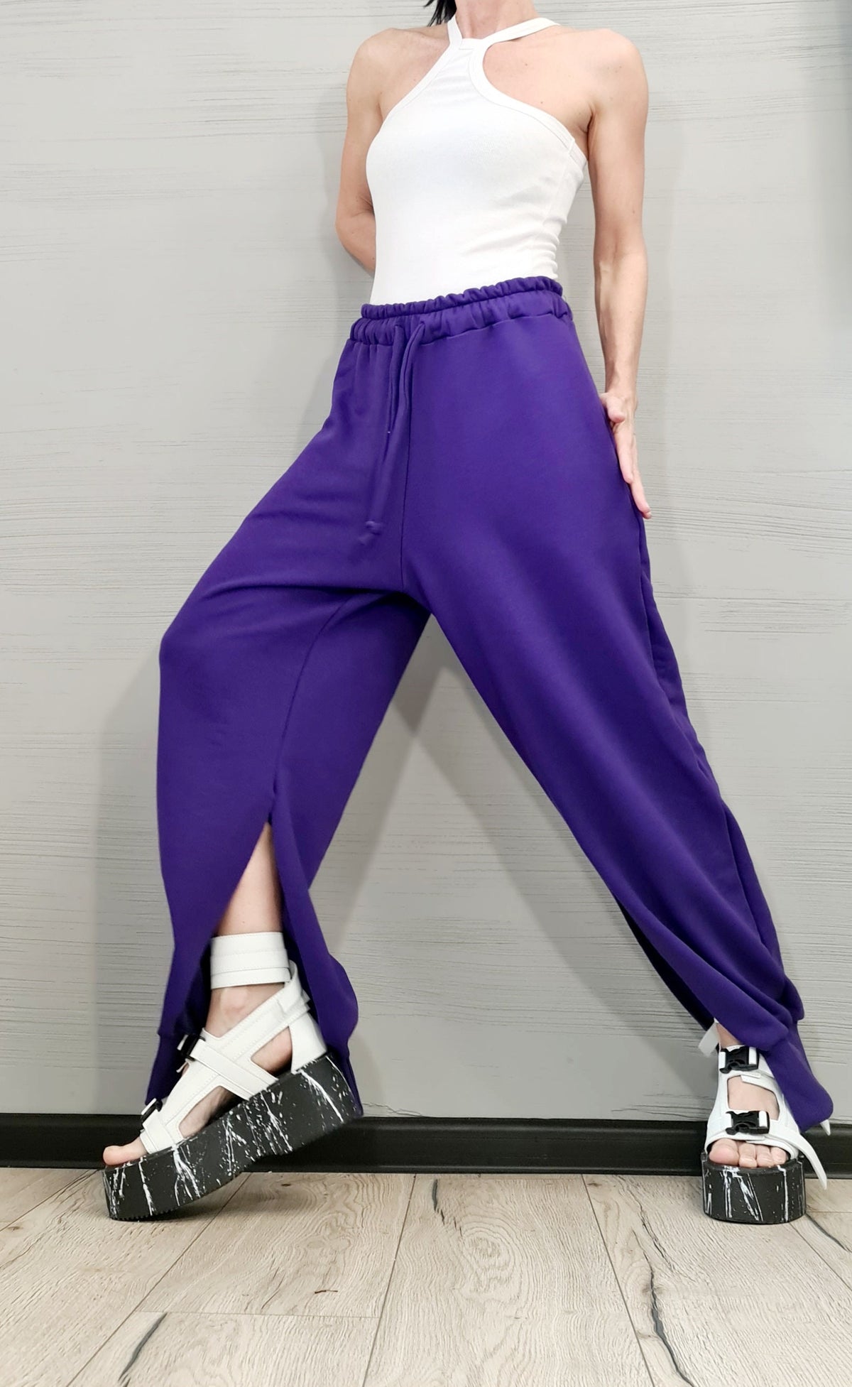 Purple French Terry Jogger Pants, Split Hem Trousers