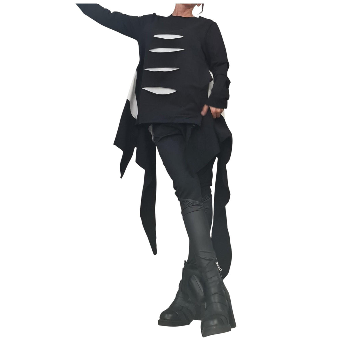 Oversize Cotton Tunic, Black and White Deconstructed Asymmetric Top