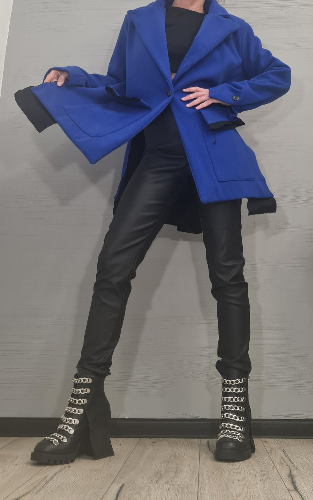 Royal Blue Asymmetrical Winter Coat, Oversized Lapels and Patch Pockets, Plus Size Flared Jacket